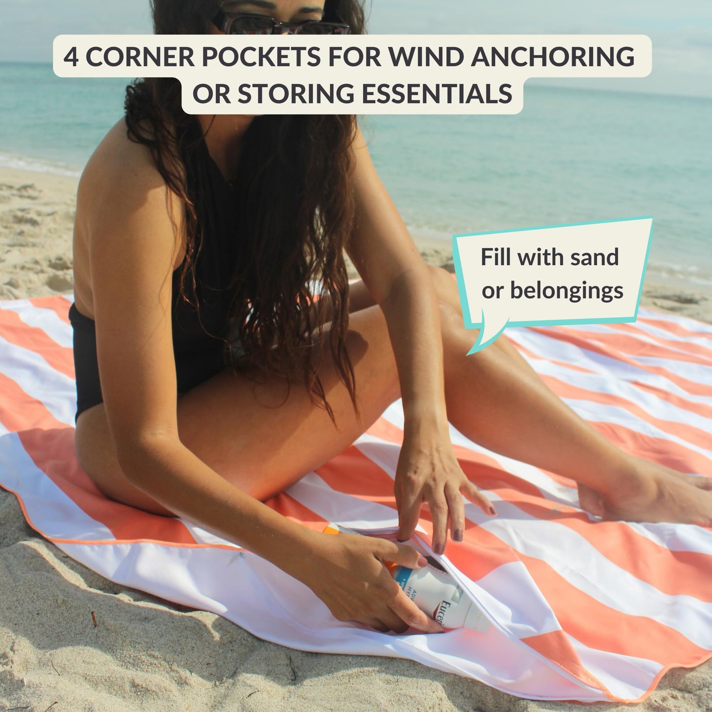 Plush Microfiber Beach Blanket, Extra Large Beach Mat for 3-6 Persons, Sandproof, Windproof | Hole for Umbrella, Corner Sand Pockets to Fight Wind (Bag for Blanket Included)