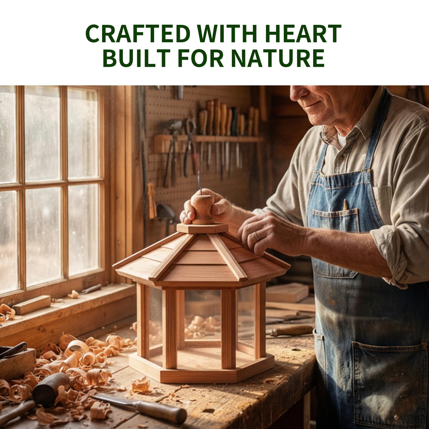 Solution4Patio Bird Feeder for Outdoors - USA Cedar Hexagon Gazebo Bird Feeders with Vented Mesh Tray, Easy-Clean & Fill Design 9.6" Dia. X 8.7" H 3.2-lb Capacity