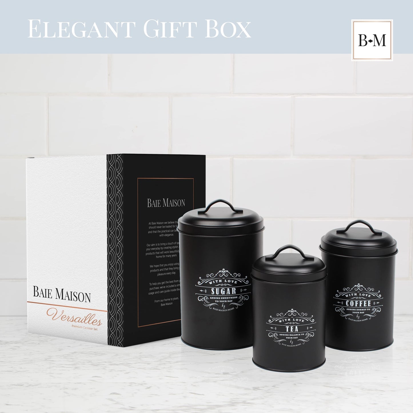 Baie Maison Large Black Kitchen Canisters Set of 3 - Farmhouse Canister Sets for Kitchen Counter - Coffee Tea Sugar Container Set - Rustic Kitchen Canisters for Countertop - Metal Kitchen Decor Jars