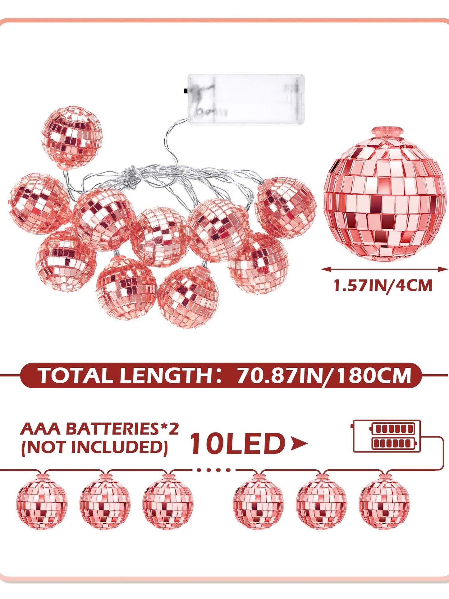BBTO LED Disco Ball String Light Battery Powered Mirror Balls Ornaments for Outside Backyard Porch 70s 80s Disco Party Supplies(1.57 Inch,Rose Gold)
