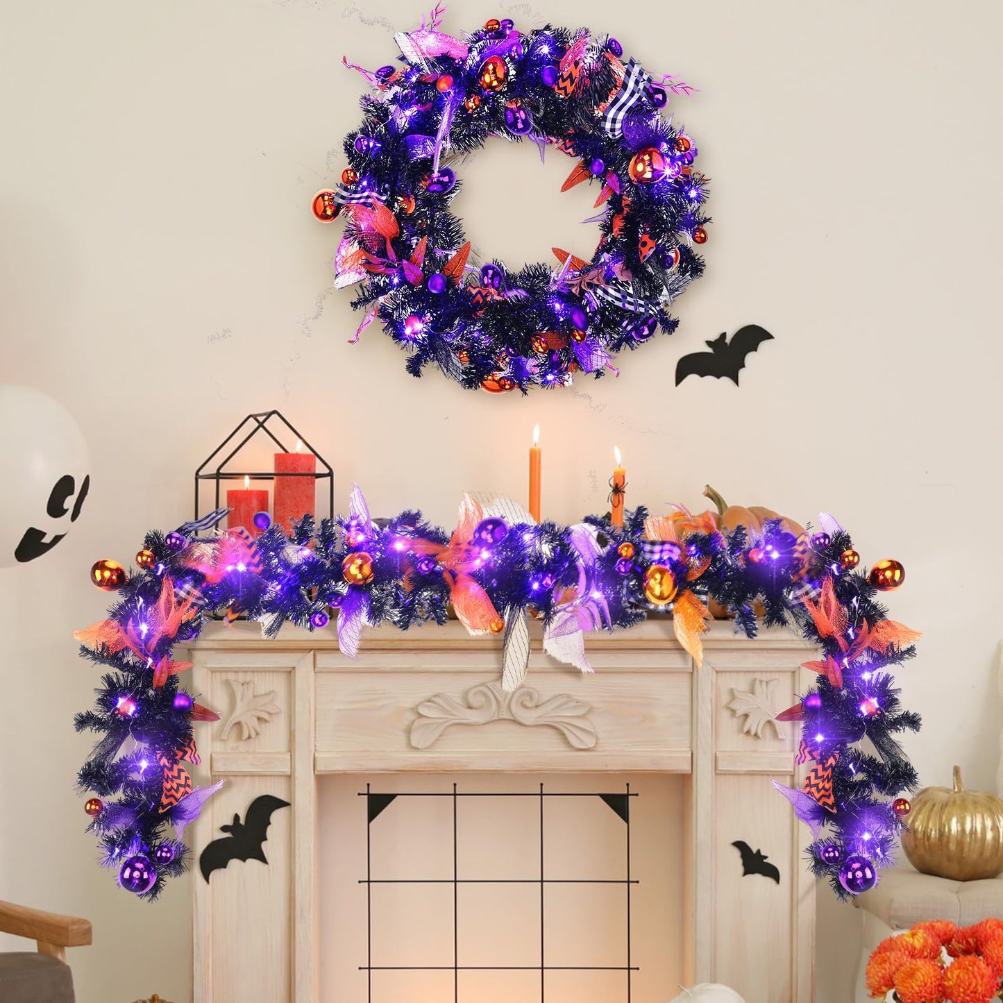 Riceshoot 6 ft Artificial Halloween Garland with LED Mixed Ball Rustic Halloween Hanging Garland String for Mantel Kitchen Fireplace Wall Window Home Indoor Outdoor Decor