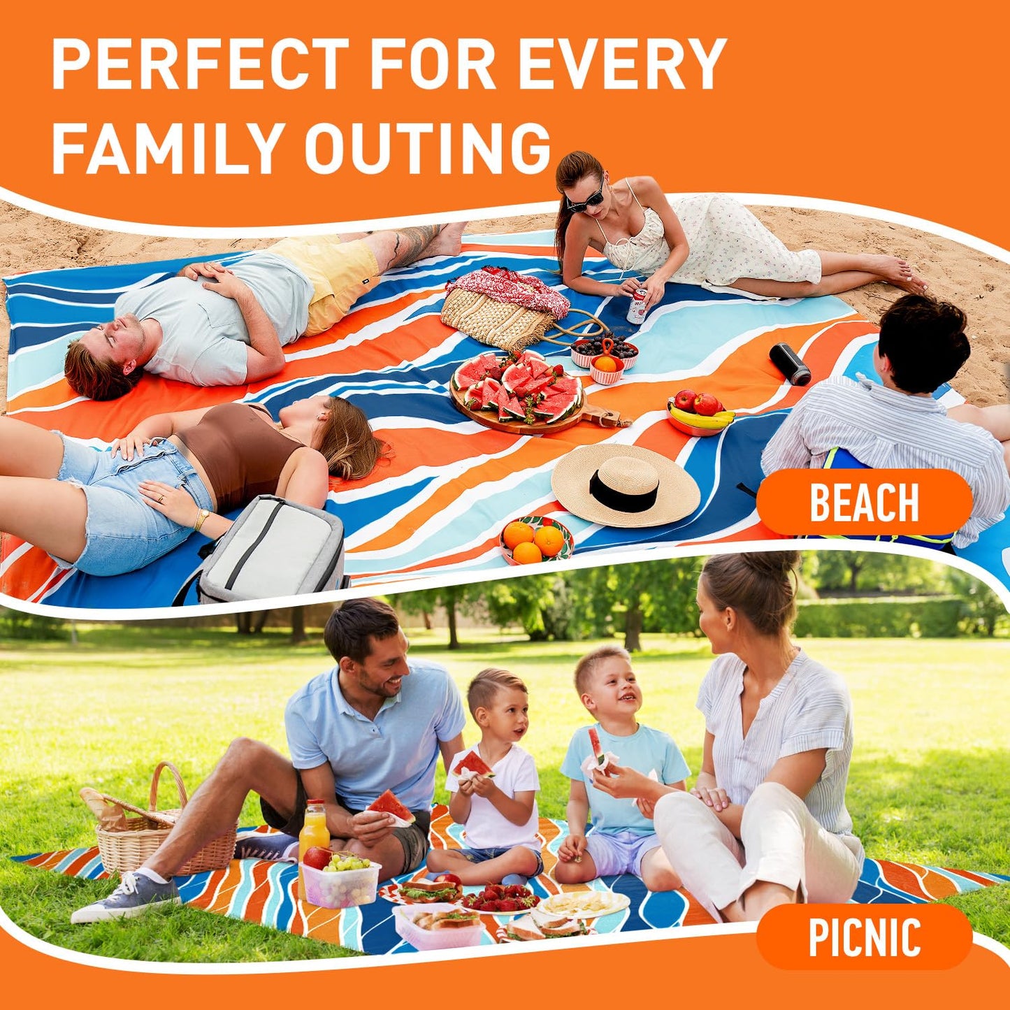 Everlasting Comfort Large Beach Blanket Waterproof & Sandproof - 80" x 80"/ 6.7ft x 6.7ft - Lightweight Picnic Mat, Camping Necessities for 4 People - Accessories for Outdoor Festivals - Orange