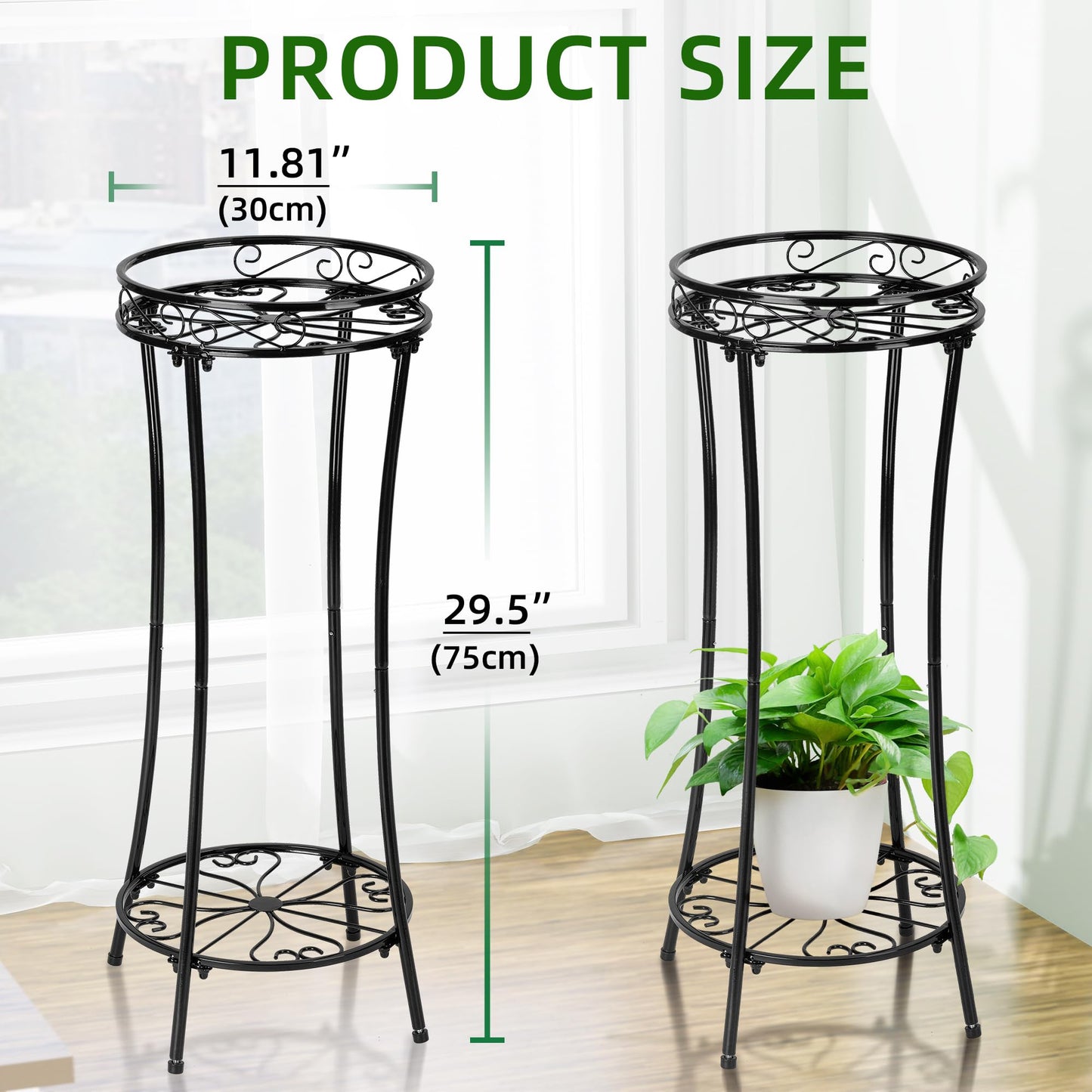 Plant Stand Indoor Outdoor 2 Tier 29" Tall Metal Heavy Duty Rustproof Plant Shelf, Round Multi Tier Flower Pot Holder for Garden Patio Balcony Black set of 2