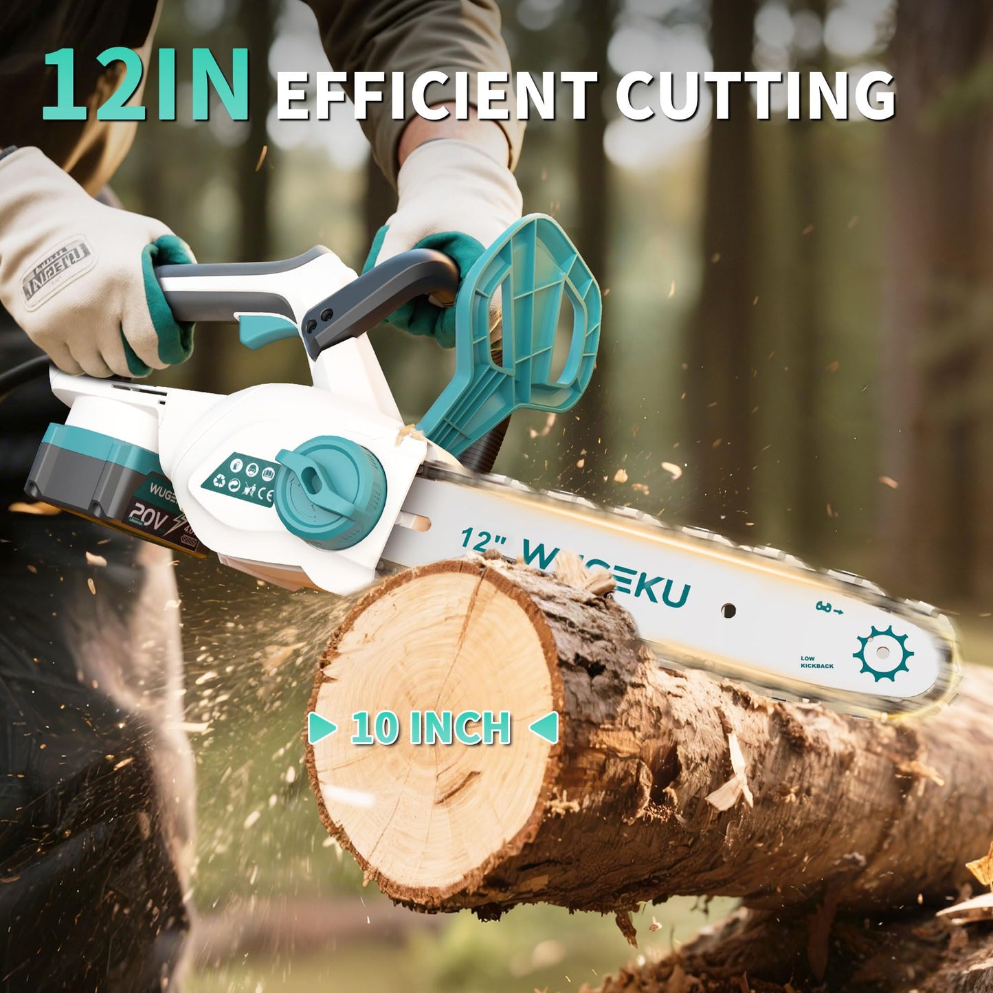 Wugeku 12" & 10" Electric Chainsaw Cordless, 20V Brushless Battery Chainsaws with 2 x 4.0AH Batteries - 4 x Chains, Auto Oiler, Tool-Free Chain Tension, Safety Lock