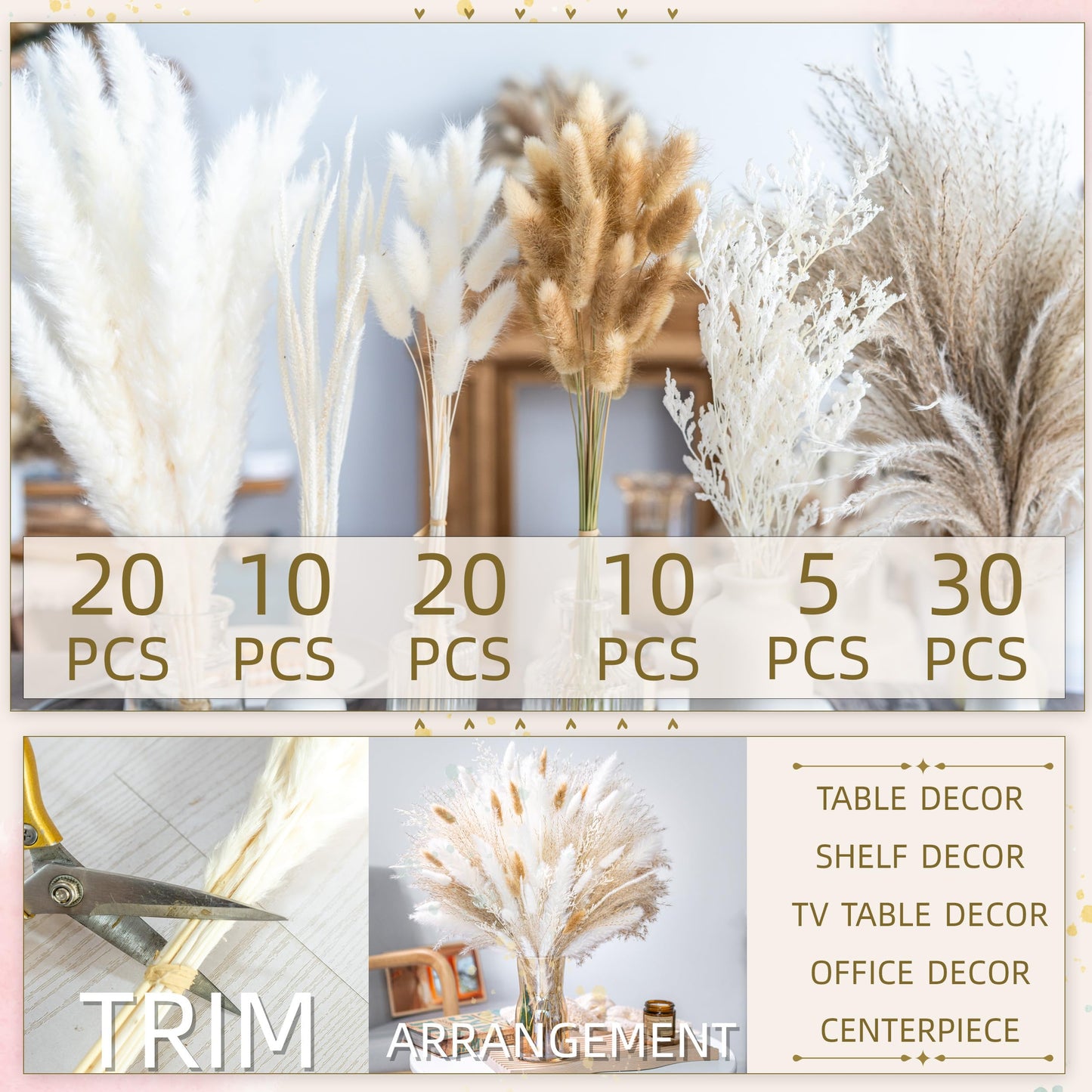 floradream 95 PCS Natural Pampas Grass Decor Bouquet | Boho Dried Floral Arrangement Centerpiece Table Decor Wedding Decor Rustic Decor, Natural, white, beige (Fdm-b-01)