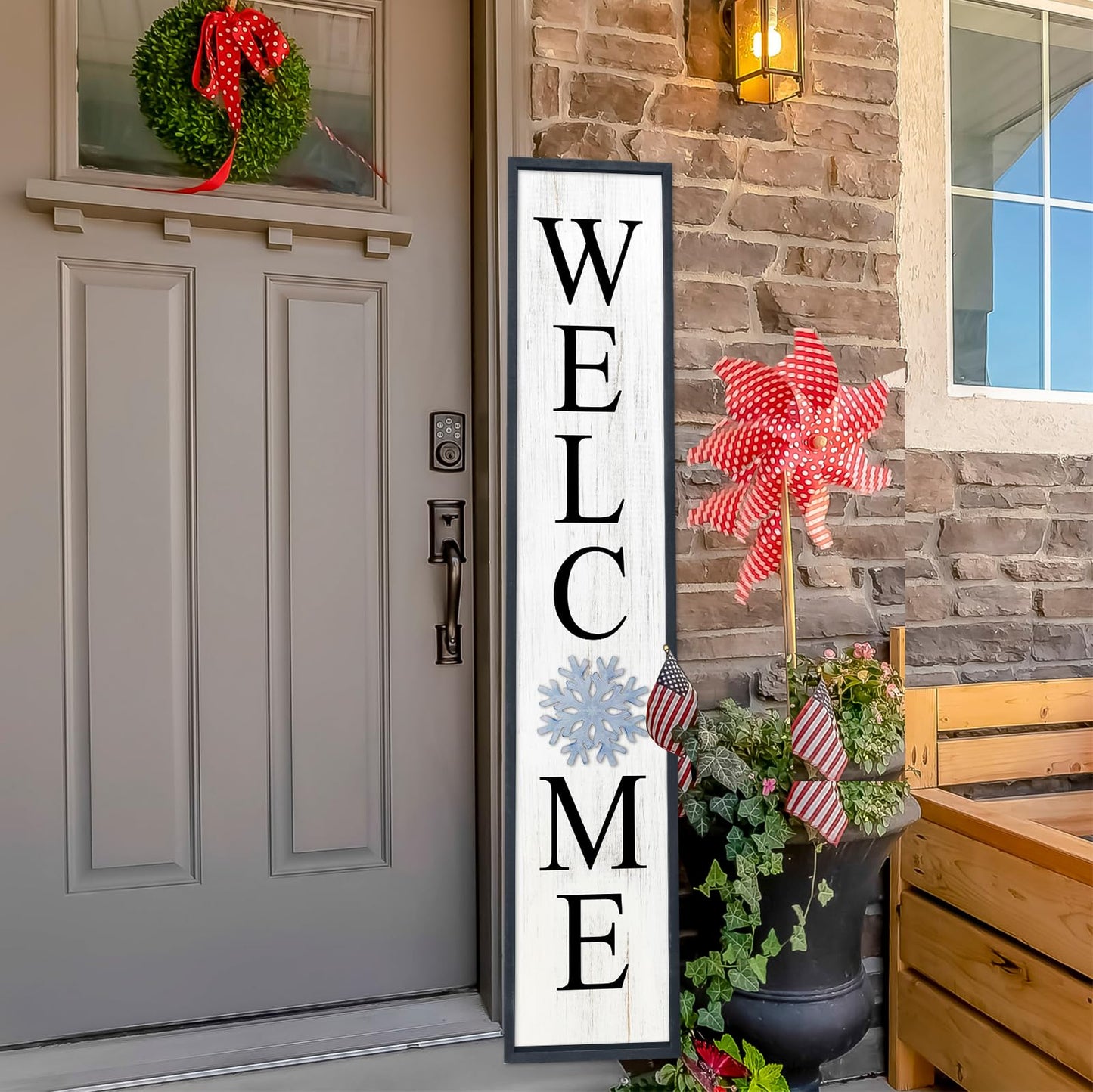 Aurapeak Interchangeable Welcome Sign for Front Porch Door, Outdoor Leaner Home Wooden Frame With 12 Pcs Replaceable Icons Outside Standing Seasonal Welcome Holiday Decorations (45"X9" Black)