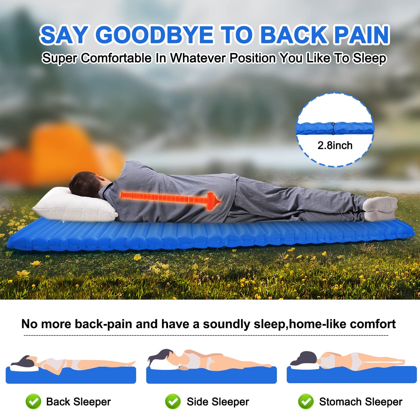 Camping Sleeping Pad, Ultralight Waterproof Inflatable Sleeping Mat with Inflation Bag, Lightweight Portable Compact Air Mattress for Outdoor Backpacking Hiking Traveling Tent Use (Single, Blue)