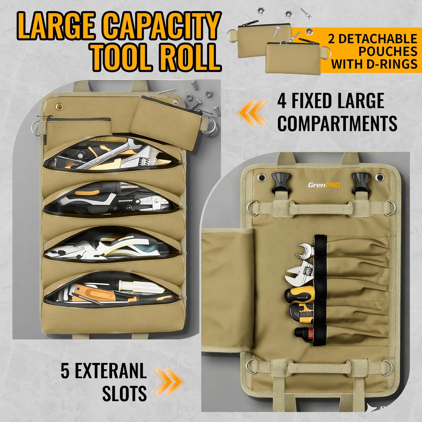 GrenPRO Roll Up Tool Bag, Tool Roll Up Bag with Detachable Tool Pouches, Soft Rollable Tool Pouch, Tool Organizer for Electricians, DIY, Valentines Day Gifts for Him Dad Men Mechanic Welding, Khaki