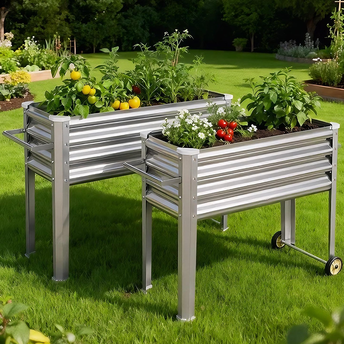 Land Guard 2 Pack Galvanized Raised Garden Bed with Legs & Wheels, 36×12×32in Metal Elevated Raised Planter Box for Backyard, Patio, Balcony, 300lb Capacity, Silver
