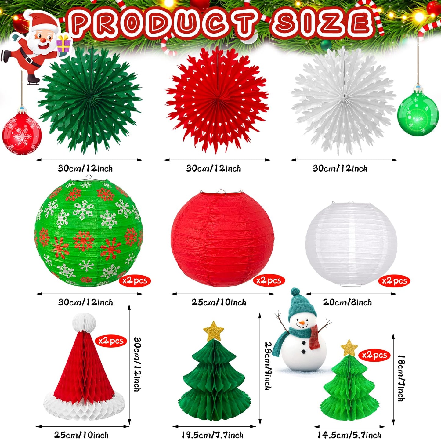 14PCS Christmas Honeycomb Hanging Paper Lantern Decorations Set, Pine Tree Star Christmas Hat Red Green White Snowflake Lanterns Paper Fans for Christmas Party Home Decoration Supplies