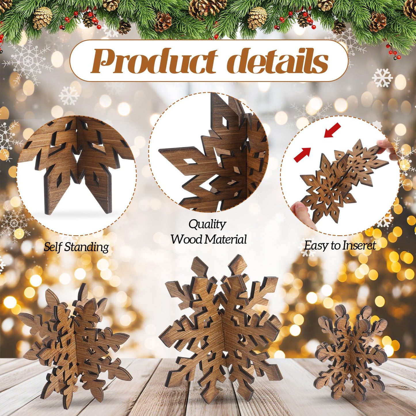 Bucherry 12 Pcs Winter Wooden Snowflake Table Decor 3D Snowflake Tabletop Centerpieces Winter Wonderland Table Signs for Christmas Holiday Farmhouse Home Supplies