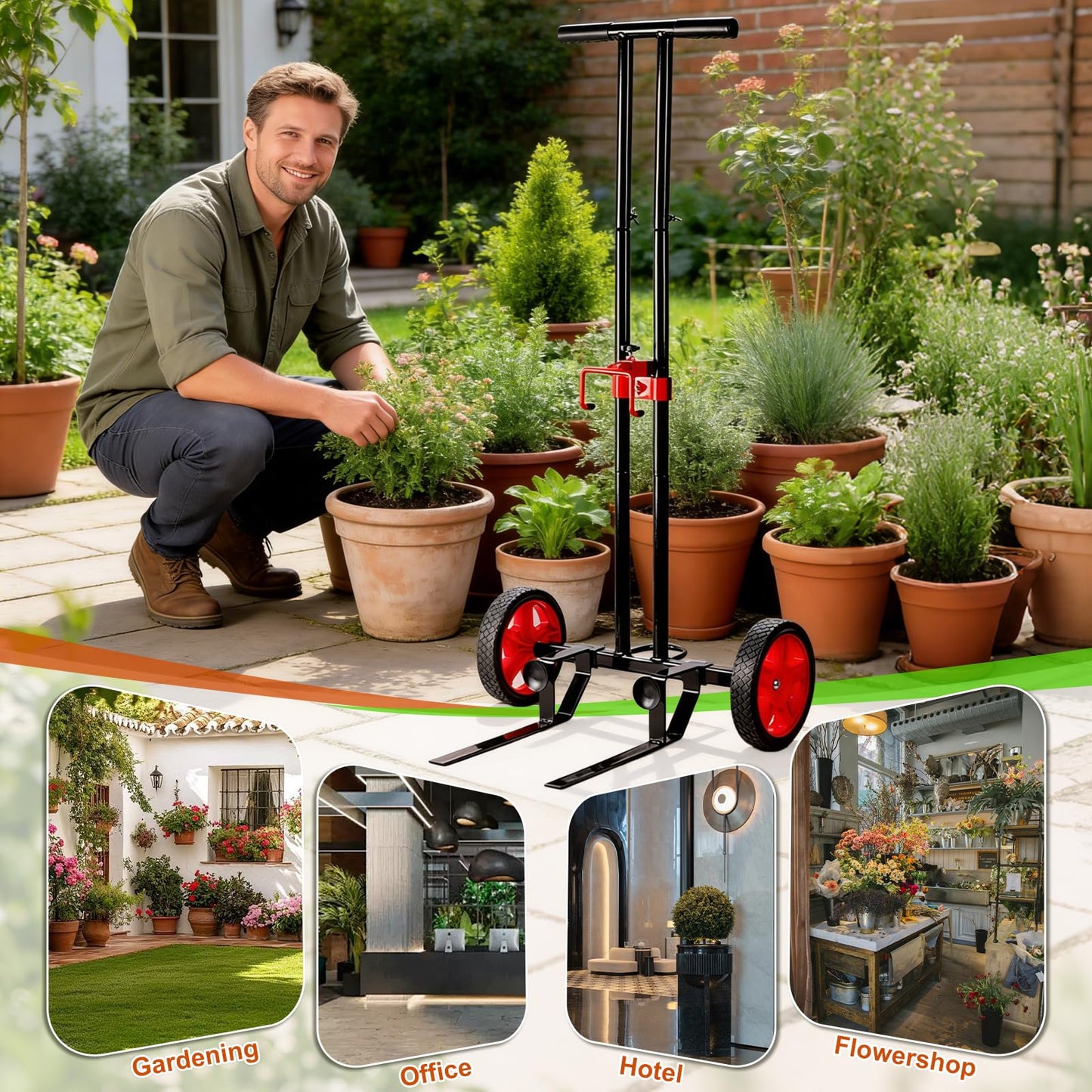 Garden Plant Dolly Cart with Wheels, Heavy Duty Plant Caddy with Adjustable Grabbing Arm, Potted Plant Mover with Suction Cups & Secure Strap, Indoor and Outdoor Gardening Cart Plant Pot Lifter