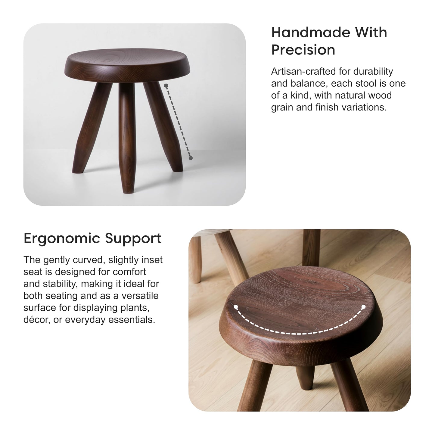 Tabouret Walnut Stool – Handcrafted Hardwood Seating Inspired by Charlotte Perriand, Artisan-Made Small Side Table, Nightstand, Footstool, or Plant Stand – Premium Walnut Finish
