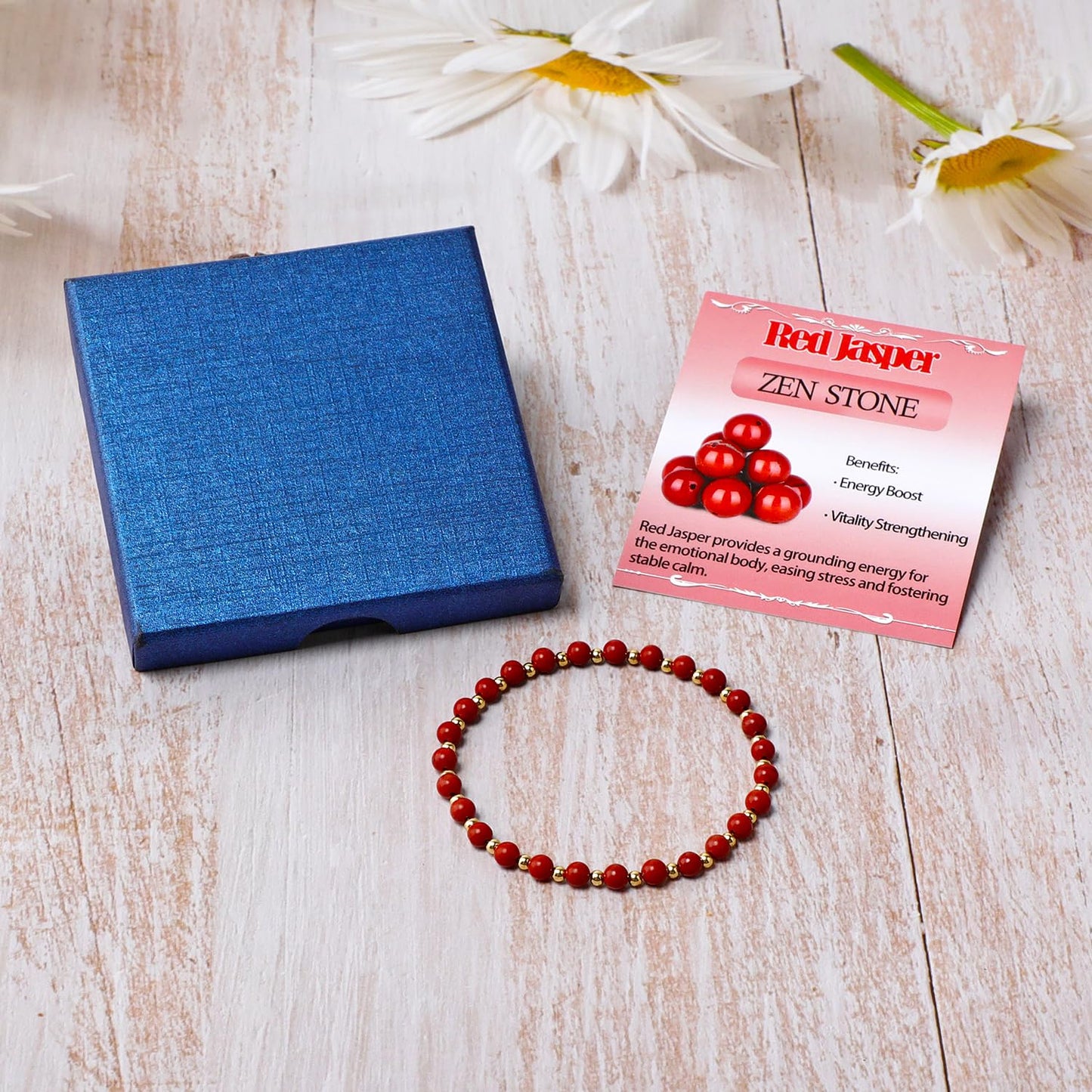 QOGIR Red Jasper - Zen Stone - 14K Gold Plated Beads Natural Gemstone Stretch Elastic Dainty Healing Beaded Bracelets Gifts 4mm