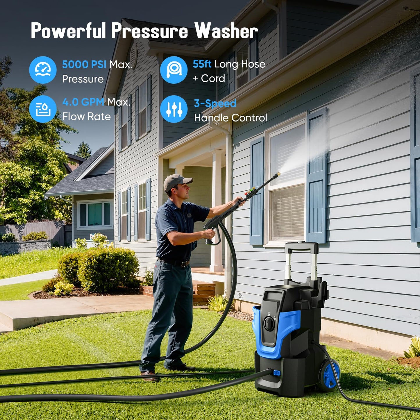 5000PSI Heavy Duty Pressure Washer, 3-Speed Adjustable Power Washer with 2-Stage Pull Rod, 4 Nozzles, Foam Cannon & 500ml Soap Bottle for Car, Home & Outdoor Cleaning,Blue
