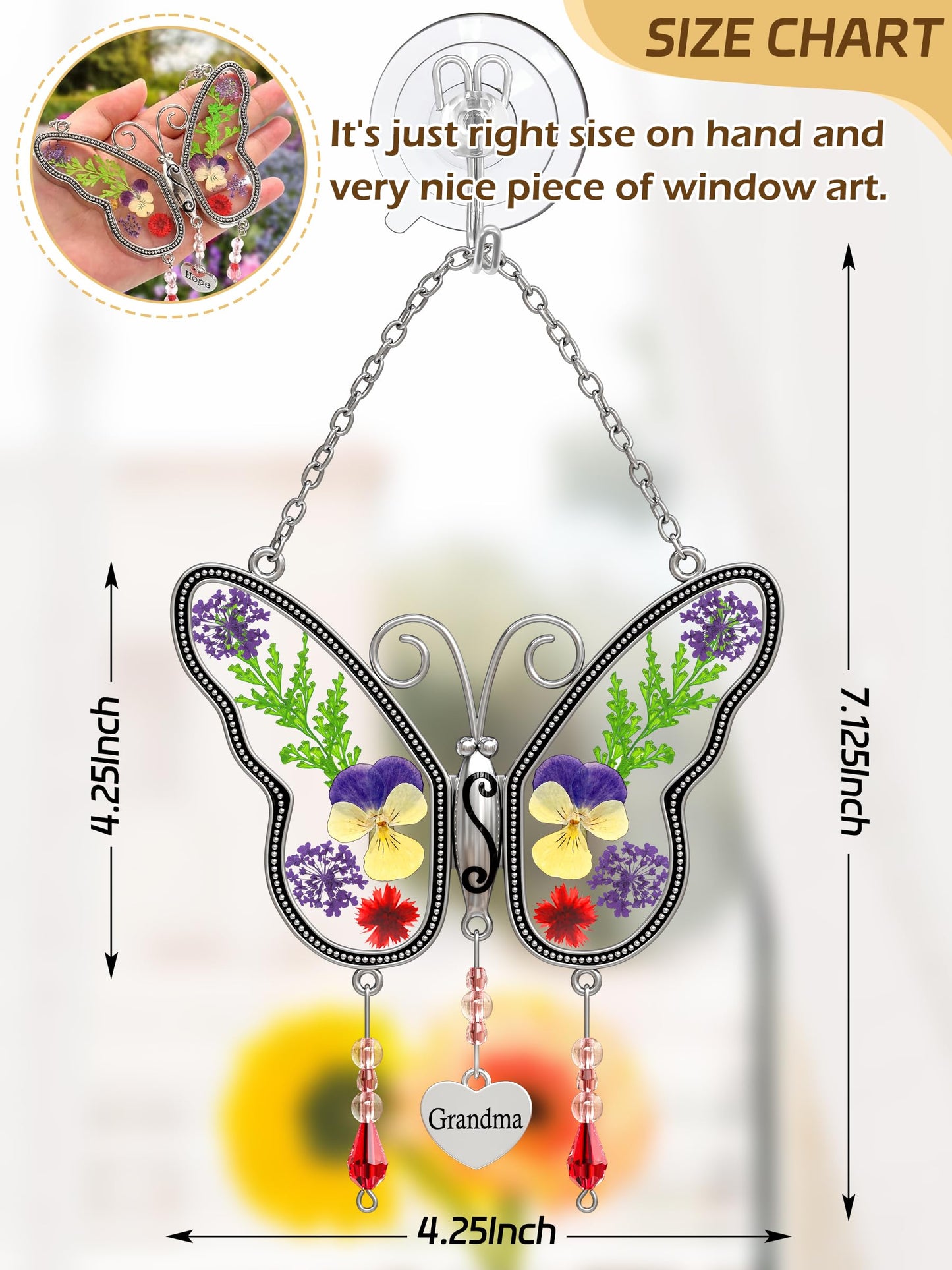 KUNDGLA Butterfly Suncatcher Grandma Stained Glass Sun Catcher for Windows Hangings Ornament with Pressed Real Flower Wings in Glass and Metal Heart Charm Birthday Gift for Women Mothers Day Christmas