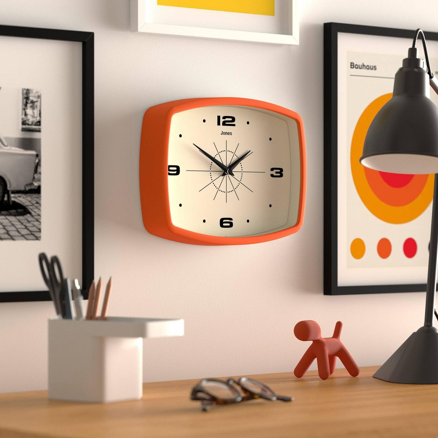 JONES CLOCKS® Movie wall Clock | Retro Rectangular Clock | 10 inch | Orange | Cool mid-Century Designer Look for Kitchen, Living Room or Office