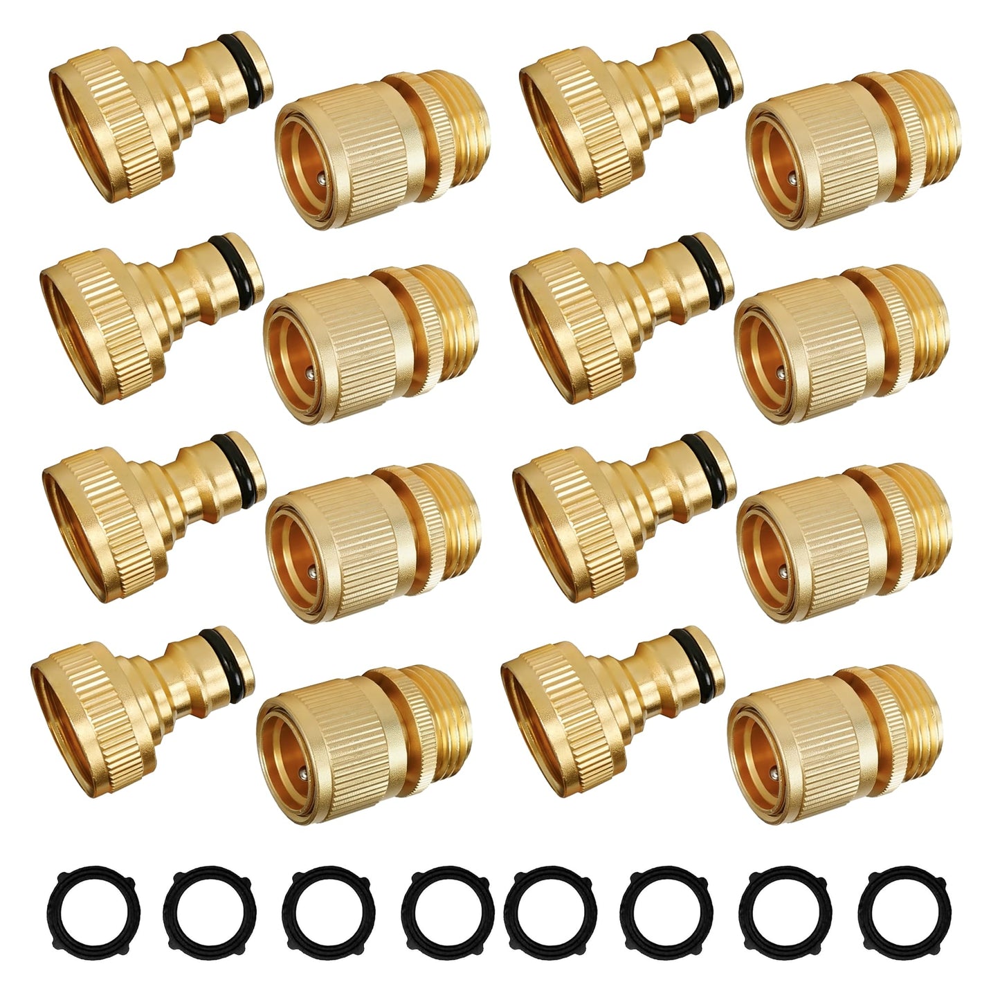 Hourleey Garden Hose Quick Connect, 8 Set Solid Brass 3/4 Inch GHT Thread Garden Hose Quick Connect Fittings, No-Leak Male and Female Water Hose Quick Release Connectors