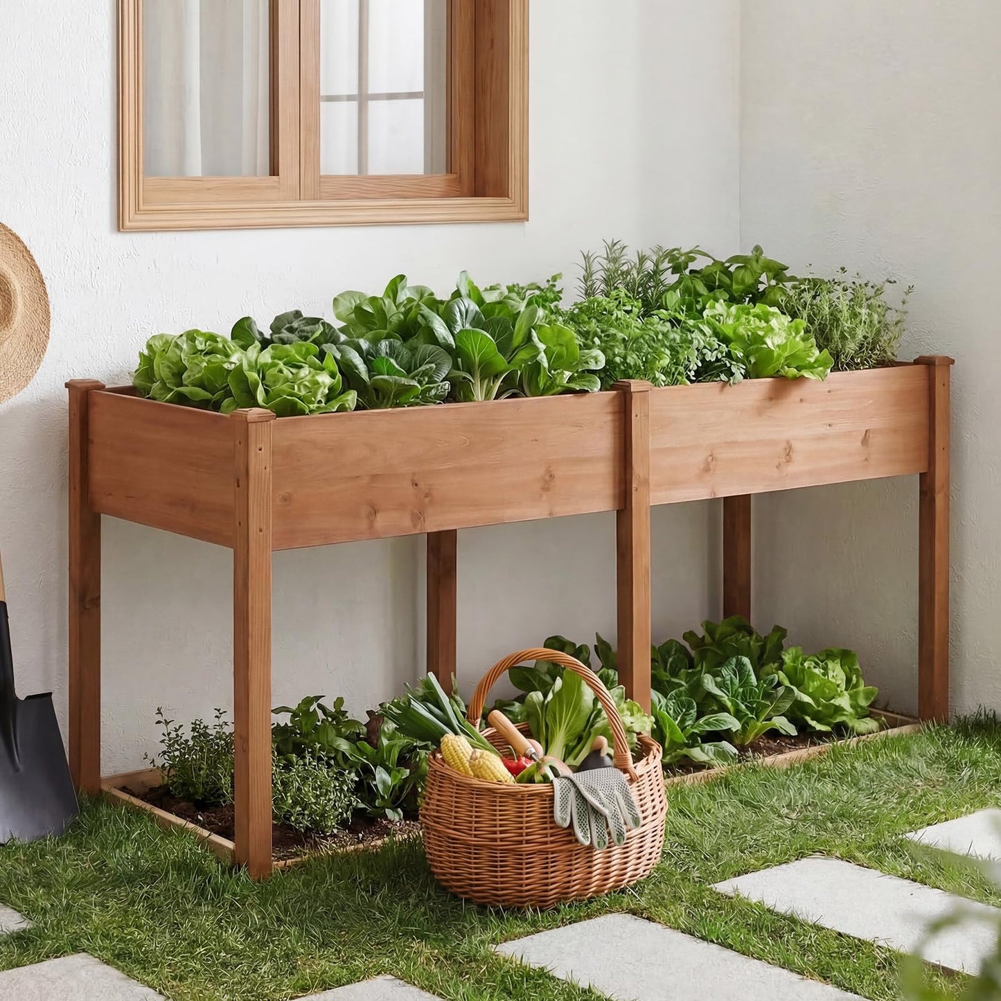 DUMOS Raised Garden Bed with Legs, 72x23x30 Inch Planter Box Outdoor with Liner for Herbs Flowers Vegetables, Elevated Wooden Garden Bed for Patio, Balcony and Backyard, Brown