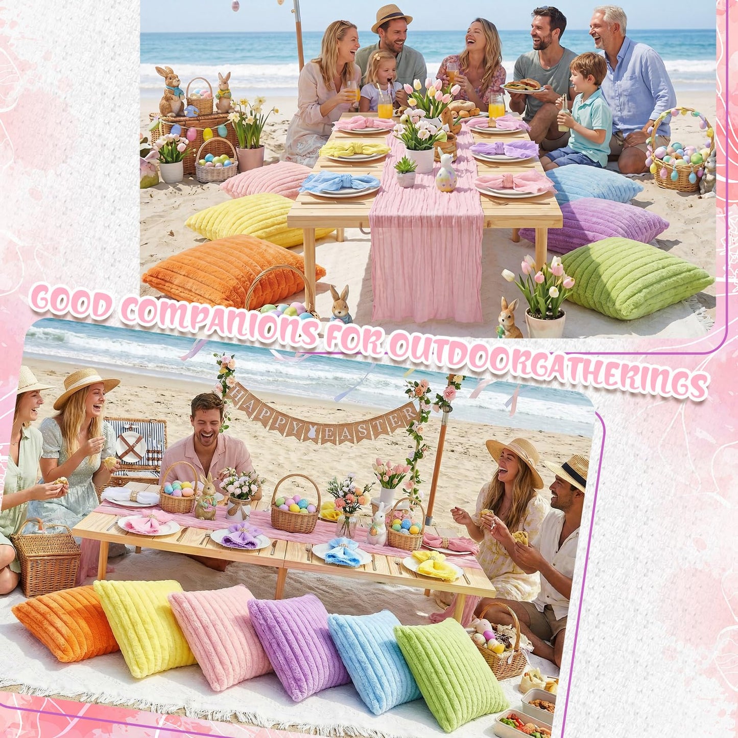 Beeveer 91 x 71 Extra Large Outdoor Boho Picnic Blanket with Pastel Table Runner, 6 Throw Pillow Covers 6 Napkins Woven Cotton Yarn Oversize Beach Blanket Washable Picnic Camp Wedding