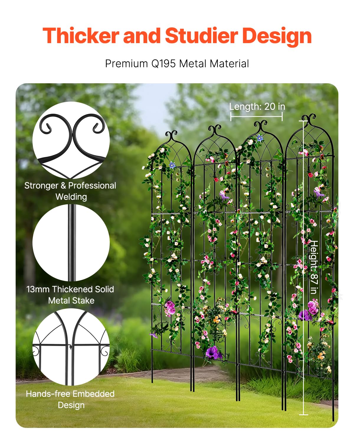 VEVOR Garden Trellis for Climbing Plants, 87 x 20 in, 4 Packs Rustproof Metal Garden Flower Rose Trellis, Outdoor Climbing Clematis Trellis Cucumbers Support for Courtyards Lawns