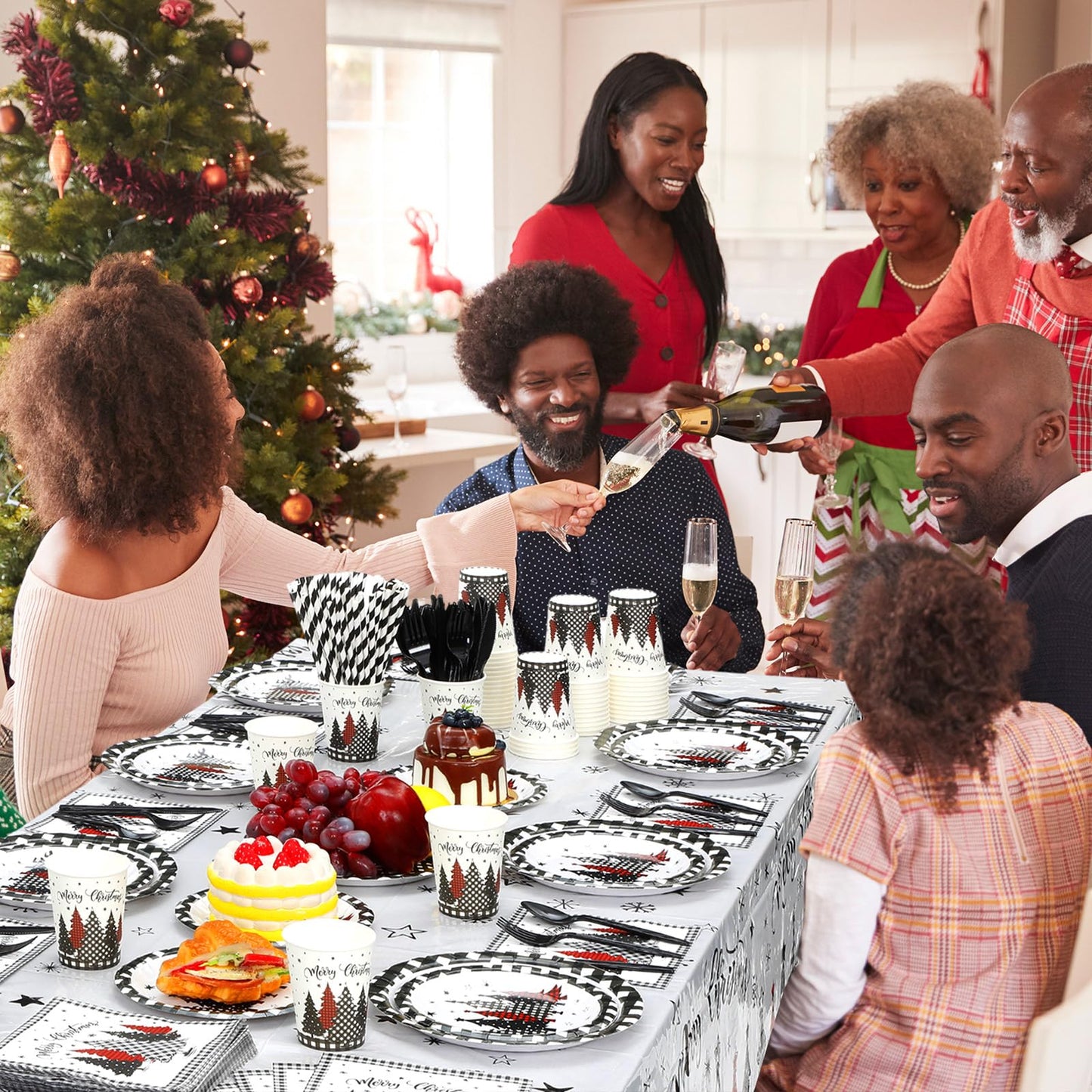 Funnymoom 452 Pcs Christmas Tree Party Supplies for 50, Black Buffalo Plaid Gingham Christmas Paper Plates Napkins Cups Tablecloth Cutlery Straws Tableware Set for Xmas Holiday Party Decorations