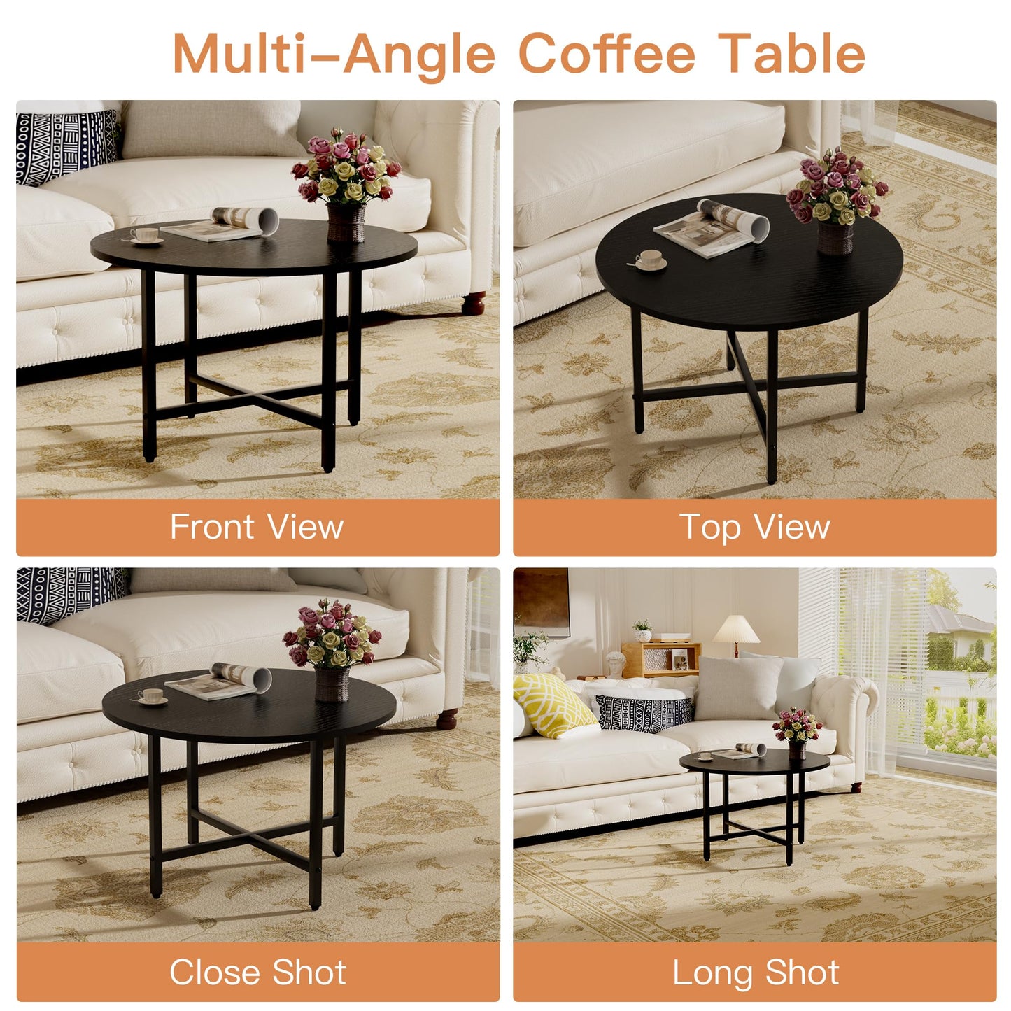 FAMIDGE Coffee Table, 23.6" Coffee Tables for Living Room, Round Coffee Table with Metal Frame, Floor Table for Sitting on The Floor, Home, Office, Black