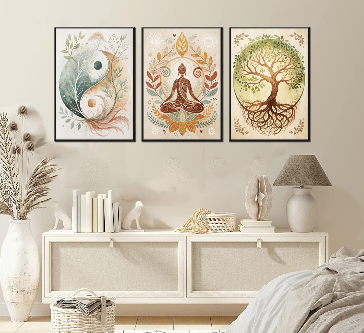 3 Pcs Tree of Life Canvas Wall Art Lotus Zen Painting Pictures Wall Decor Yin Yang Taichi Spiritual Prints Posters for Living Room Yoga Room Hotel Bedroom Home Decor 12x16in Unframed