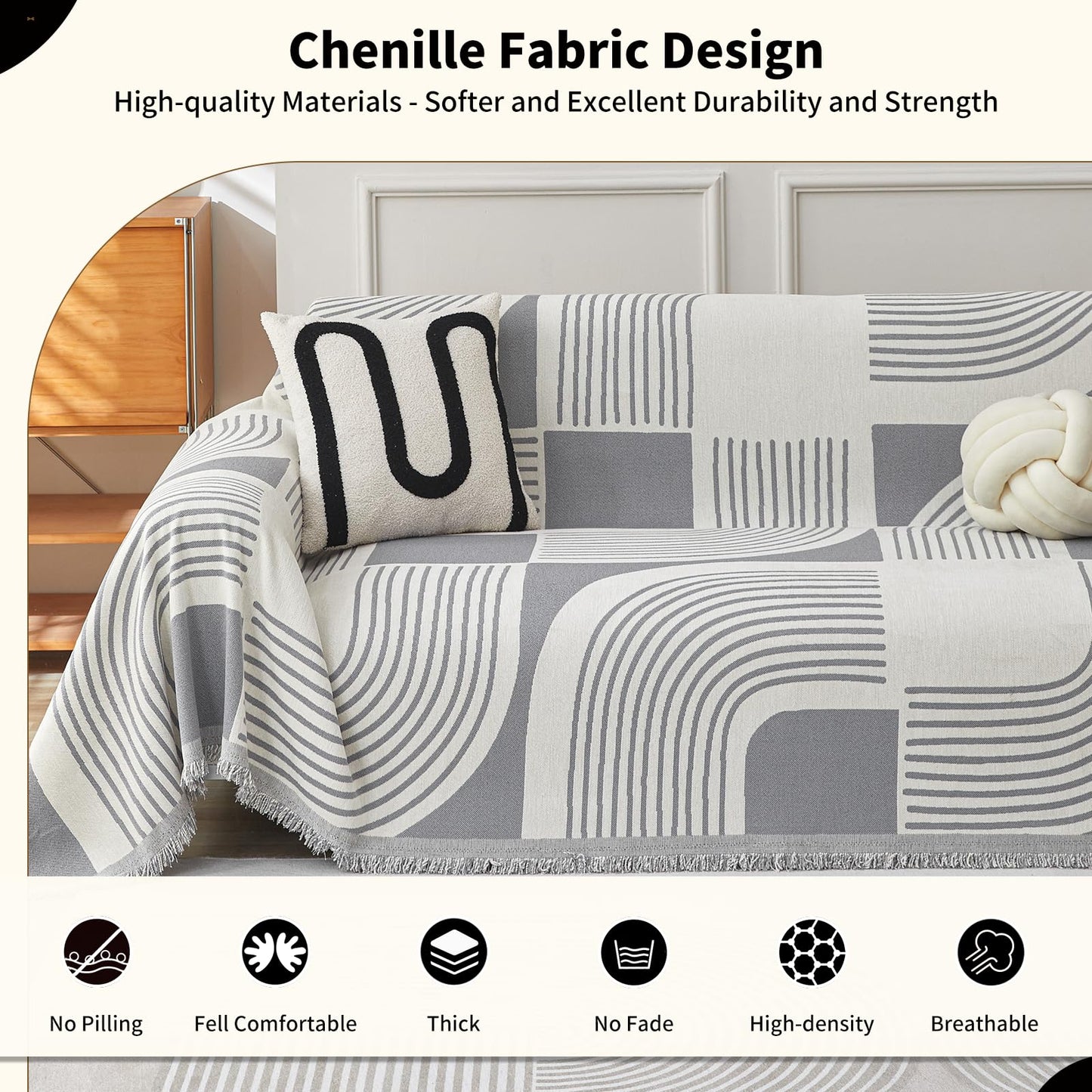 WEYOND Boho Couch Cover Sofa Covers Washable, Chenille Couch Covers for 3 Cushion Couch Sofa Pet Friendly, Bohemian Sofa Slipcovers for Sectional Sofa, Loveseat, 2 3 4 Seater (71" x 102", Grey)