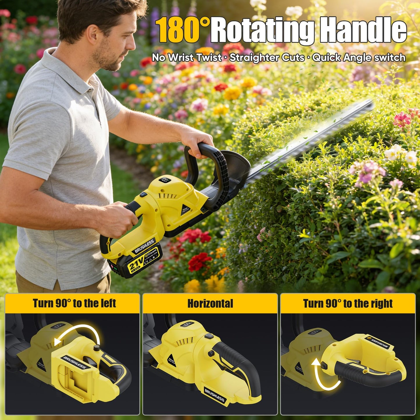 22'' Cordless Hedge Trimmer - 2x4.0AH Batteries & Charger, SK5 Dual-Action Blade Hedge Clippers Handheld, 180° Rotating Handle, 4.1Lbs Electric Hedge Trimmer for Yard/Garden