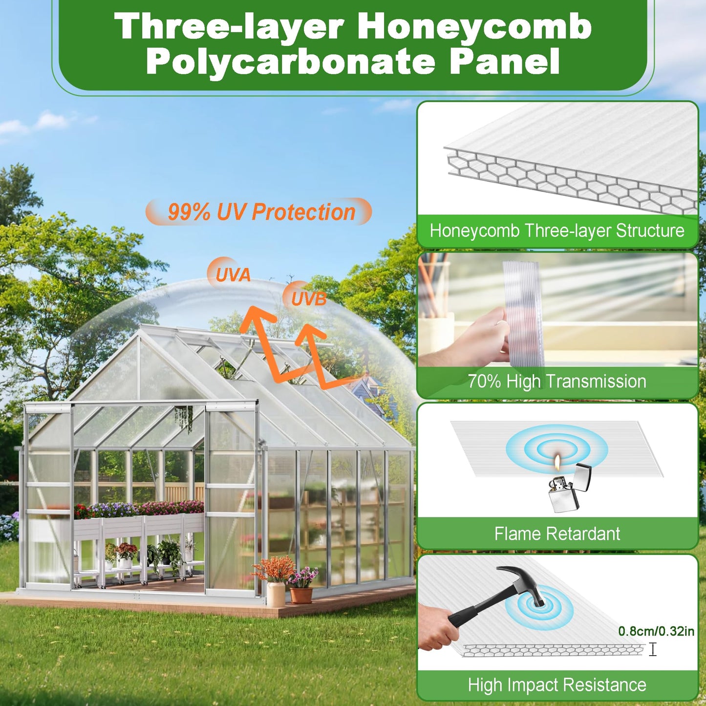 Quibbay 6PCS Polycarbonate Greenhouse Panels, 4' x 2' x 0.32'' Three-layer Honeycomb Panels Polycarbonate Sheet, Clear Waterproof UV Protected Corrugated Plastic Roof Panels for Greenhouse Replacement