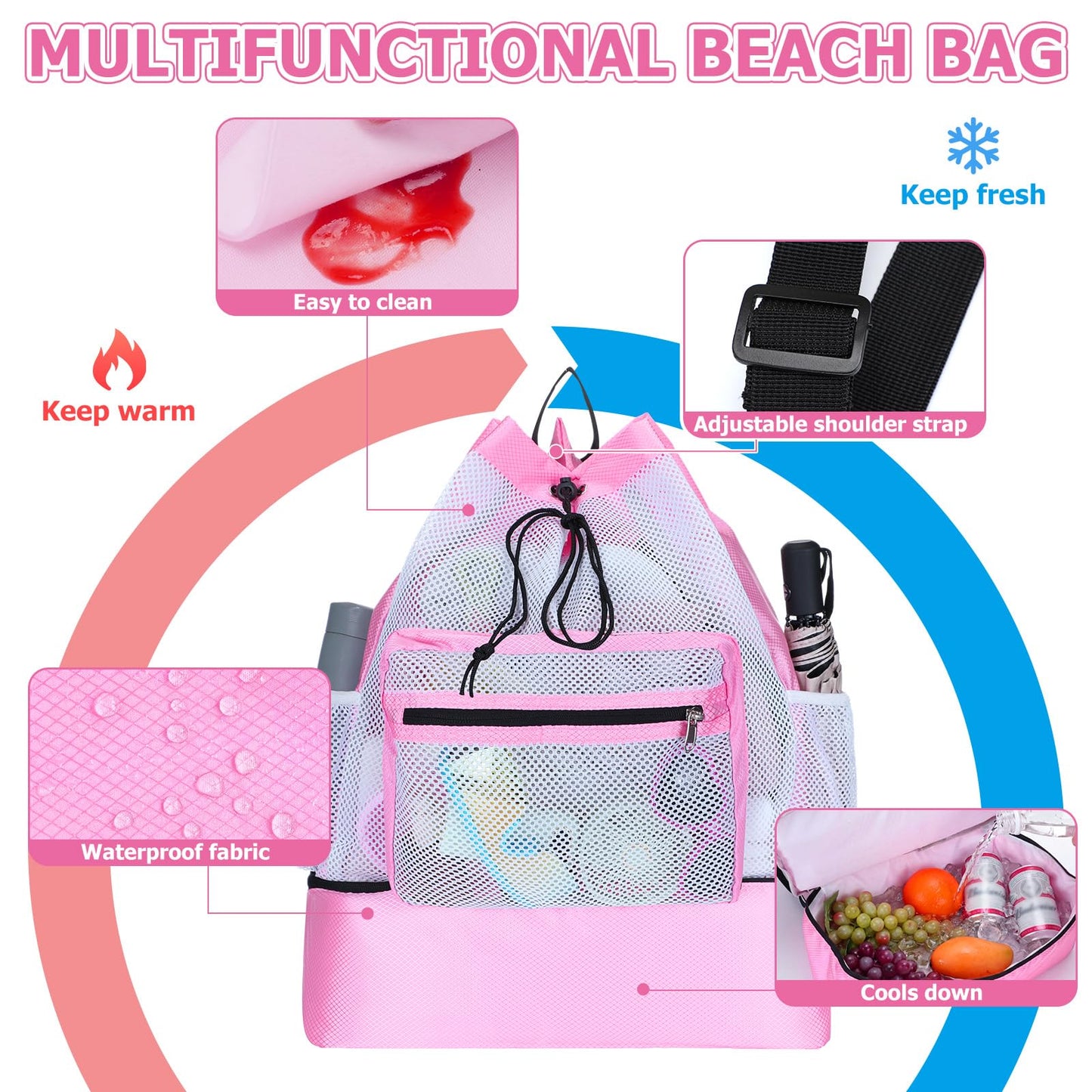 Pink Mesh Beach Drawstring Backpack with Cooler Beach Bags Sandproof Swim Bags Leakproof with Zipper for Seaside Pool Travel