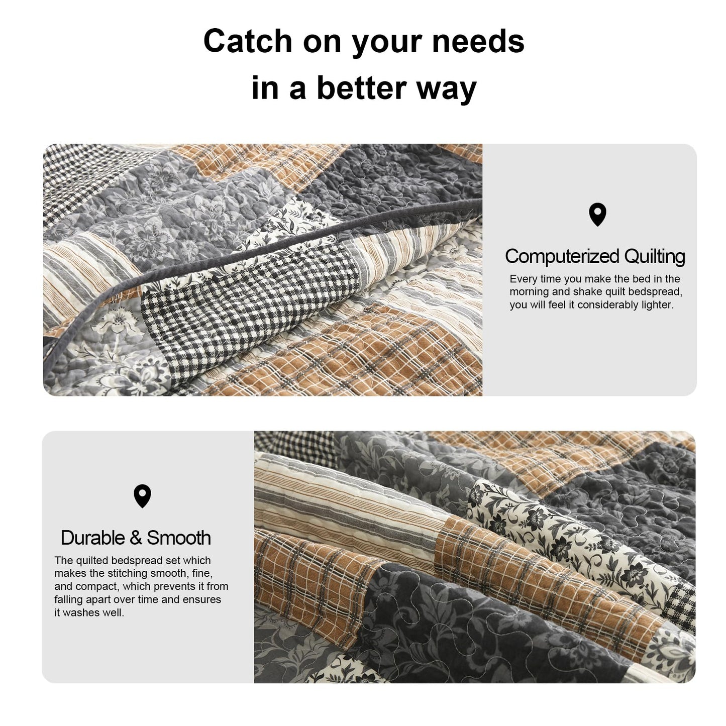 PANGUSHAN 100% Cotton King Quilt Bedding Set, Quilt King Size, Floral Patchwork Quilted Bedspread, Lightweight Comforter King Bed Spread for All Season, 3pcs, Brown/Gray