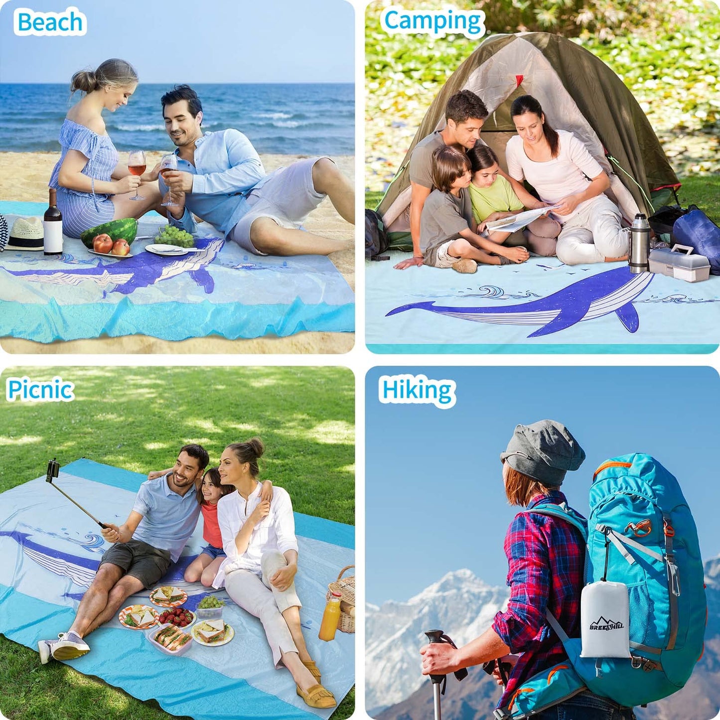 Extra Large Sandproof Beach Blanket 81" x 106", Waterproof Nylon Beach Mat, Lightweight Foldable Picnic Blanket with Corner Pockets & Stakes, Quick Dry Outdoor Blanket for Beach, Camping, Travel