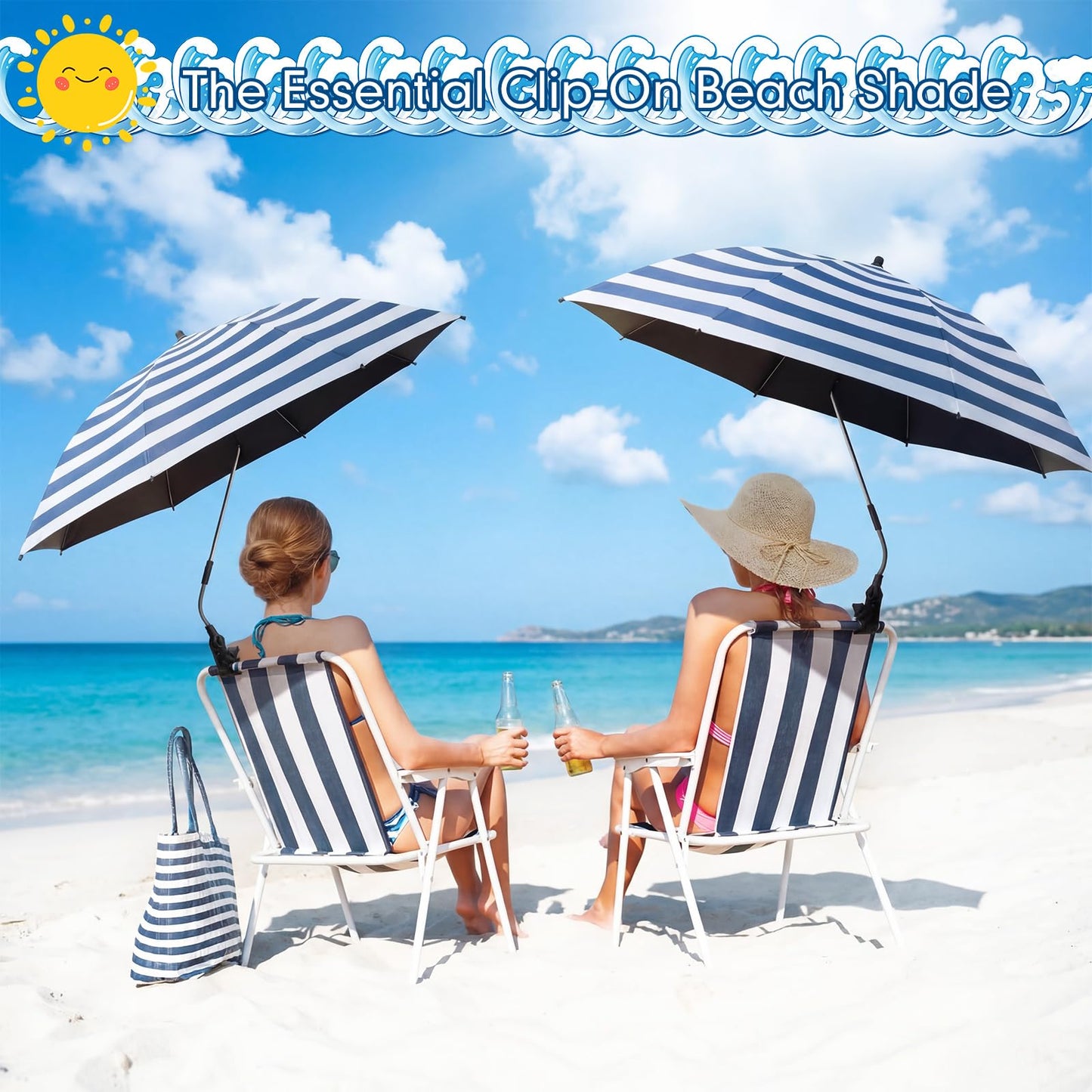 Breathffy 2 Pcs Beach Umbrella with Clamp UV Protection 48 Inch Adjustable Umbrellas for Chair with 360° Universal Clamps for Beach Camping Stroller Wheelchair, Chair Not Included(Blue Stripes)