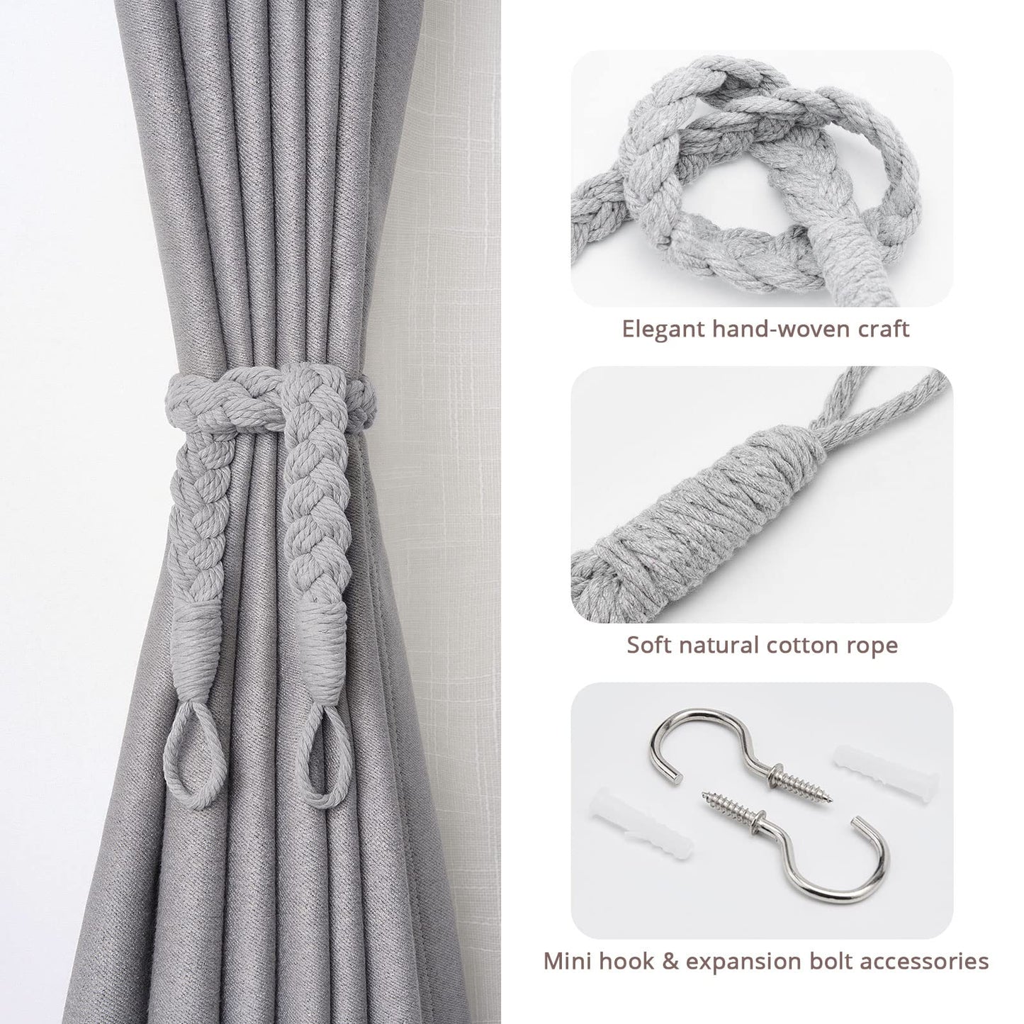 NICEEC 2 Pack Natural Cotton Rope Curtain Tiebacks Elegant Boho Style Decorative Drape Tie Backs Soft Hand-Woven Rope Curtain Holdbacks with Metal Hook for Home & Office Drapery (Light Grey)