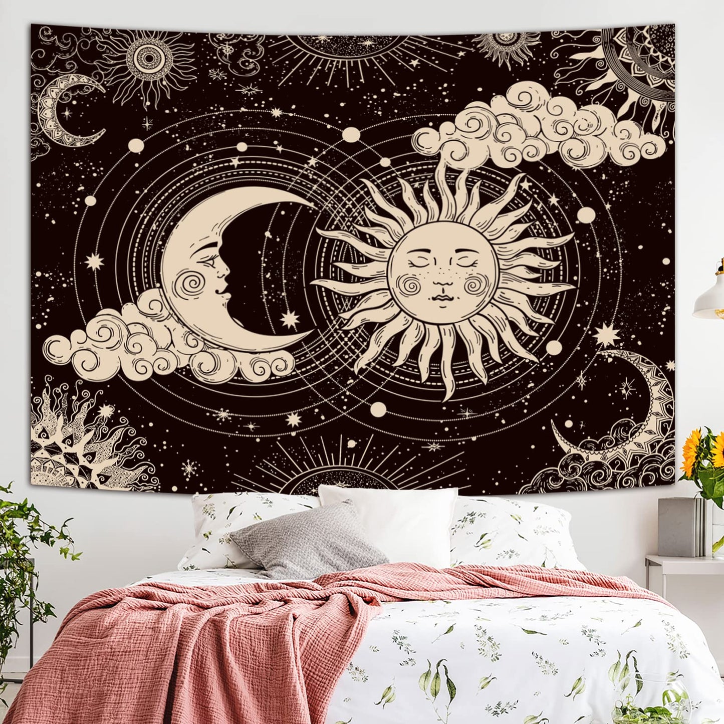 Wonrizon Sun and Moon Tapestry, Aesthetic Black Dark Spiritual Tapestries Mystic Burning Sun with Clouds Star Wall Hanging decor for Bedroom (30"x40")