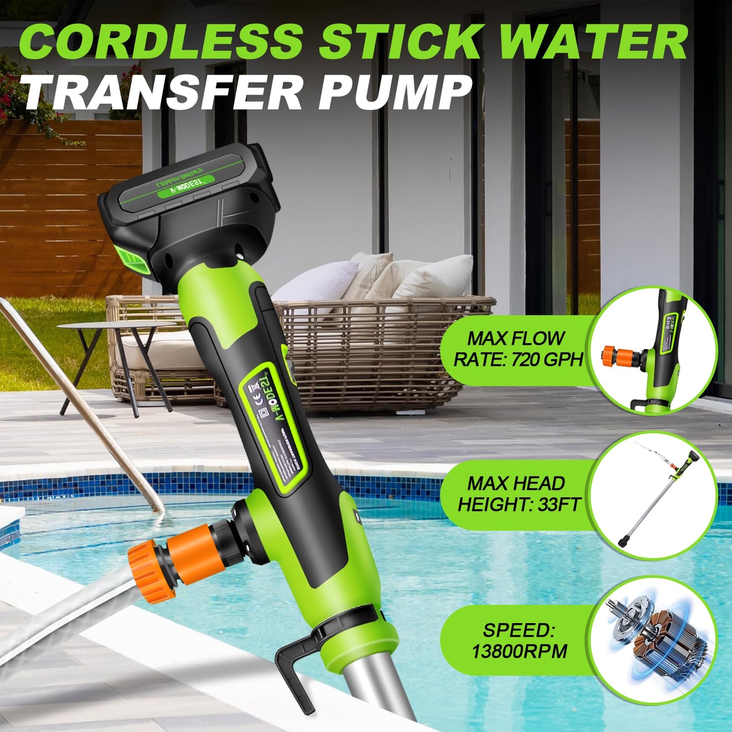 Cordless Stick Water Transfer Pump, Stick Transfer Pump 4.0Ah 21V Battery Powered Portable Water Pump, 720GPH, 33FT Head, Stick Pump Utility with 3/4" Outlet, for Pool/Garden/Rain