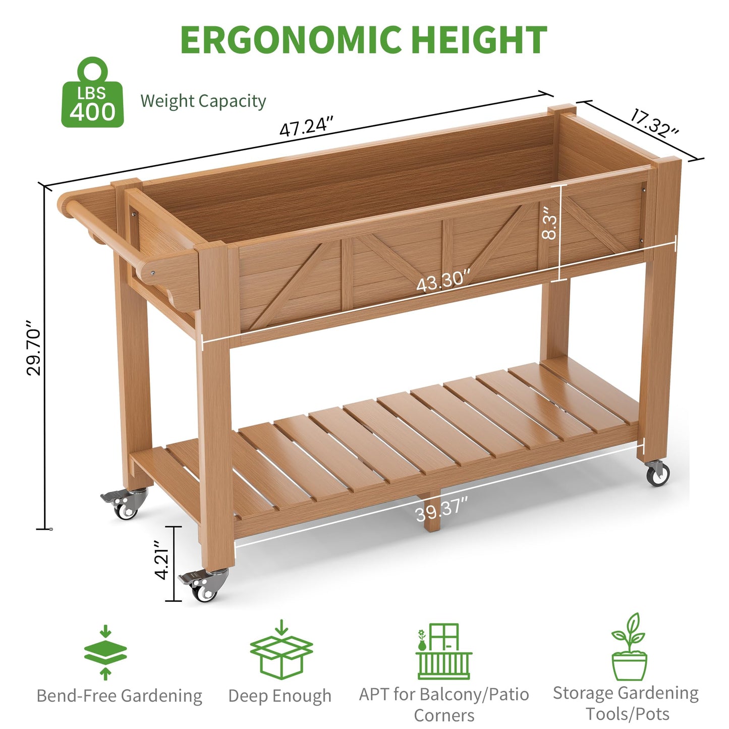 HIPS All-Weather Raised Garden Bed with Legs,47.2"L x 17.3"W x 29.7"H Large Elevated Planter Box with Wheels & Handle,Raised Bed Planters with 3 Hooks & Non-Woven Liner for Vegetables Flower Herb