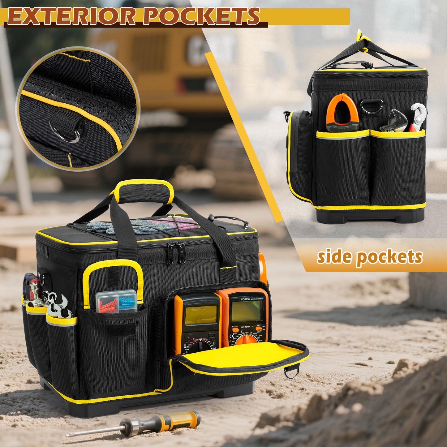 Marscamd 16-inch Tool Bag with Hard Bottom and a Detachable Divider, Heavy Duty Tool Tote with Multiple Pockets, Black