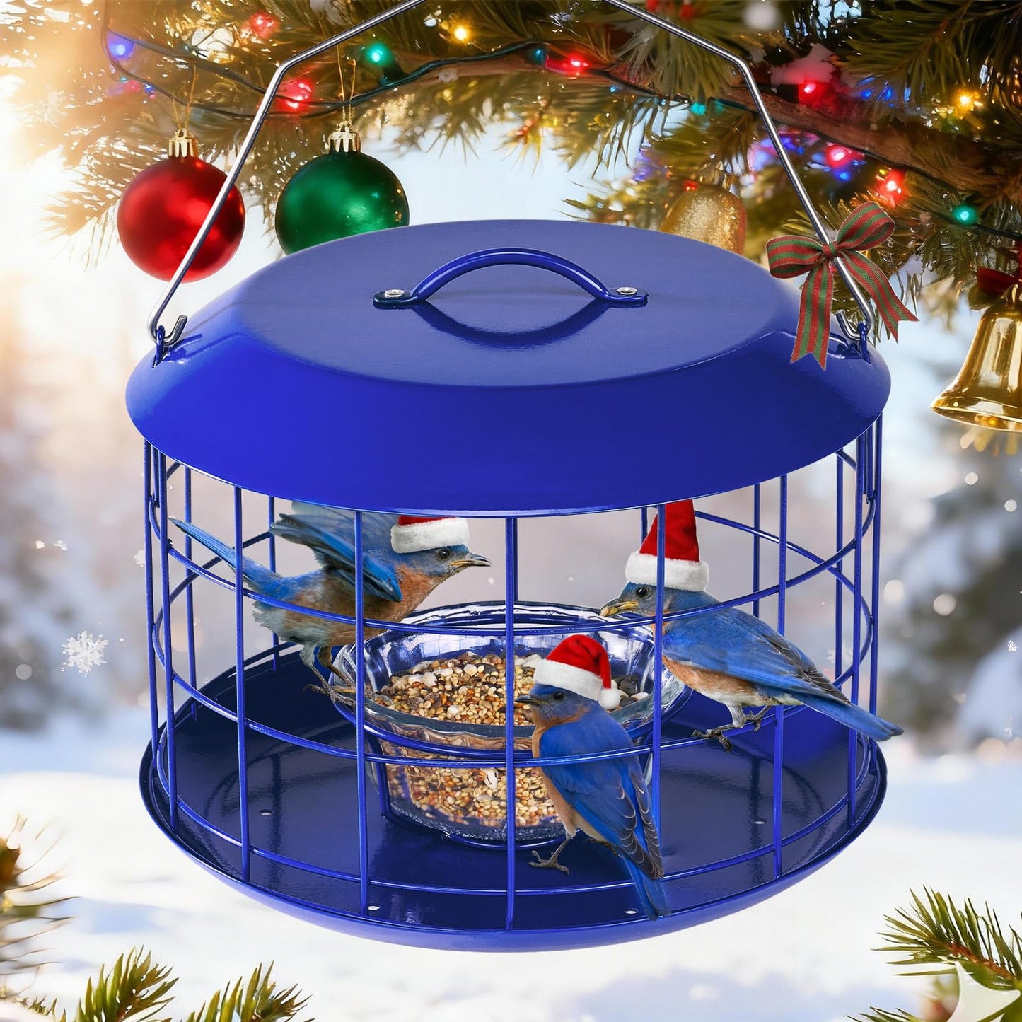 Kingsyard Bluebird Feeders for Outdoors Hanging, All Metal, Cage Mealworm Bird Feeder with Tray, Squirrel Proof & Weatherproof, Easy to Refill & Clean (Blue)