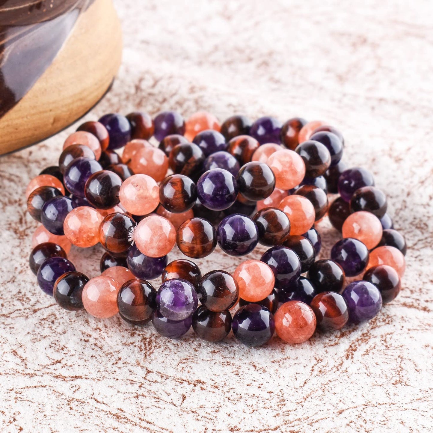 OdrillionGems Triple Crystal Healing Bracelet - Sunstone - Red Tiger's Eye - Amethyst Handmade Bracelet Stretchable Genuine Round Beaded 10mm Unisex Jewelry Chakra Stones - Yoga - Energy - Spiritual