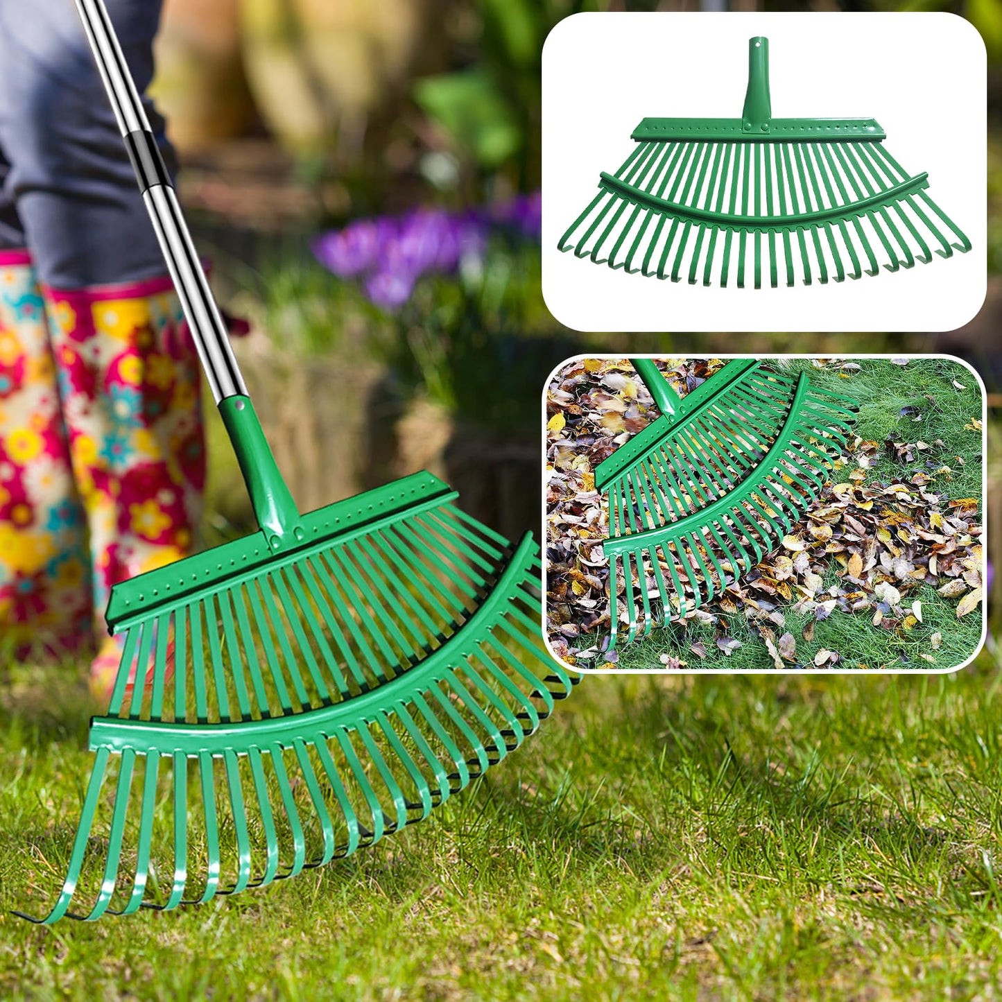 Adjustable Metal Leaf Rake Set – 25 Tines, 38-73" Handle, 19" Wide with 2 Pack 32-Gallon Leaf Bags & Scoops – Heavy Duty Garden Rake for Lawns, Shrubs, Grass, Flower Beds & Outdoor Use