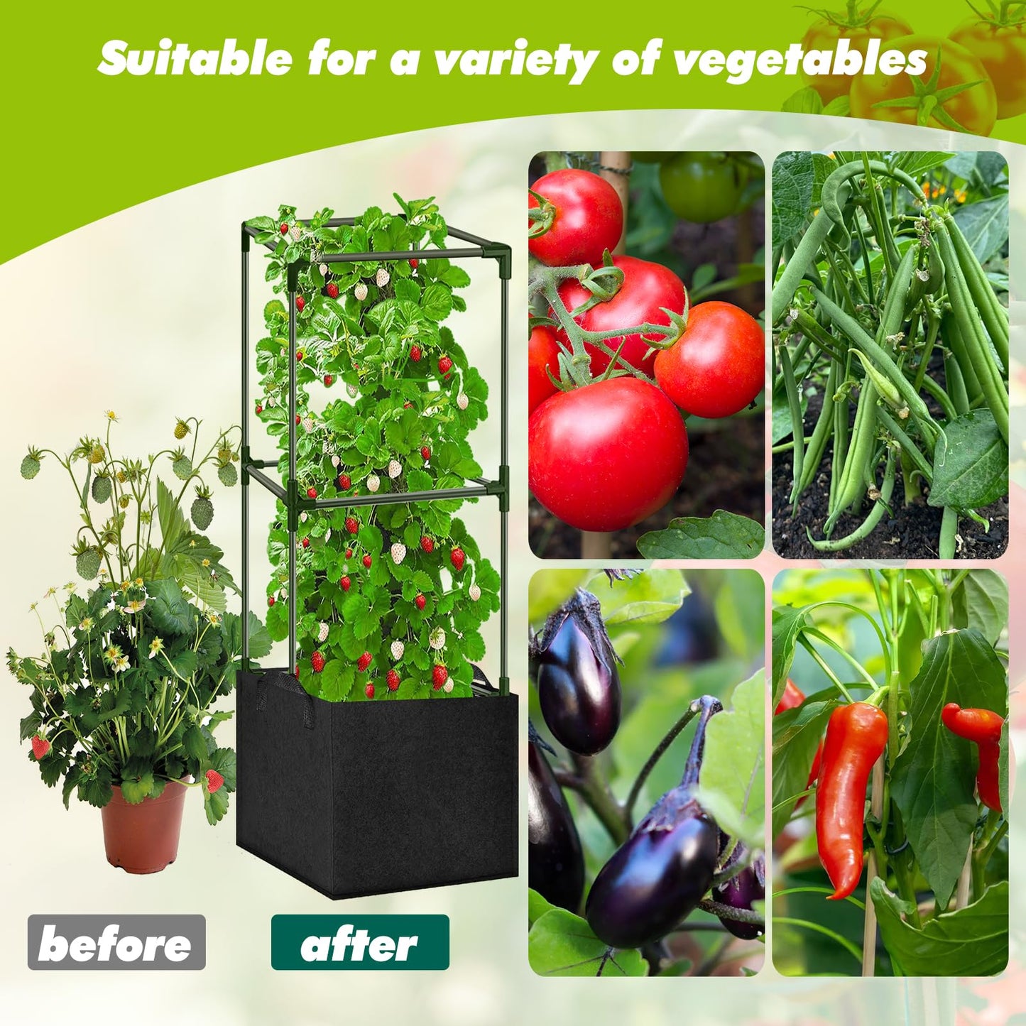 SUNXIZ 3 Pack Tomato Cages 47 Inch for Garden with 19.5 Gallon Square Grow Bags Planter Pots with Heavy Duty Trellis Plant Stakes Support Frames for Vertical Climbing Cucumber Vegetables Flowers