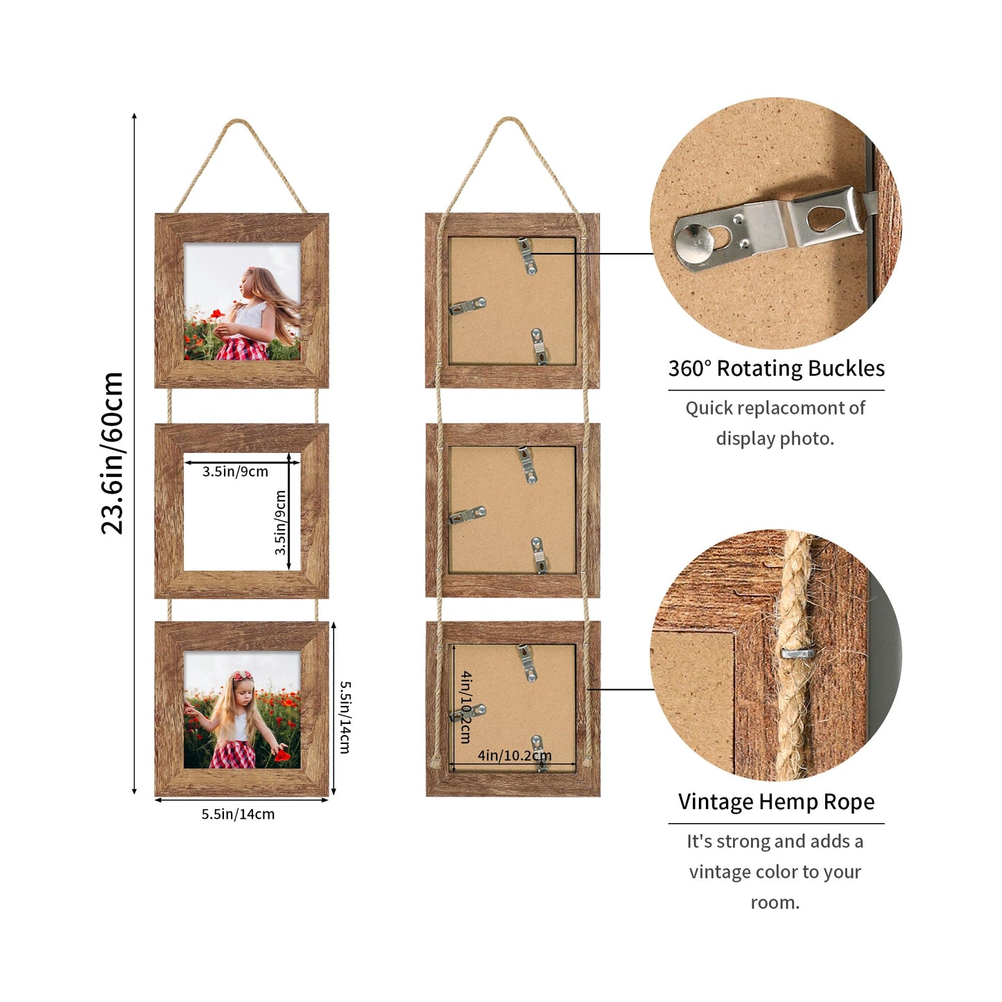 ccdcc 4x4 Collage Picture Frames Set of 2, Rustic Wooden Real Glass Vertical Hanging 3 Opening 4 by 4 Photo Frame, Rustic Brown