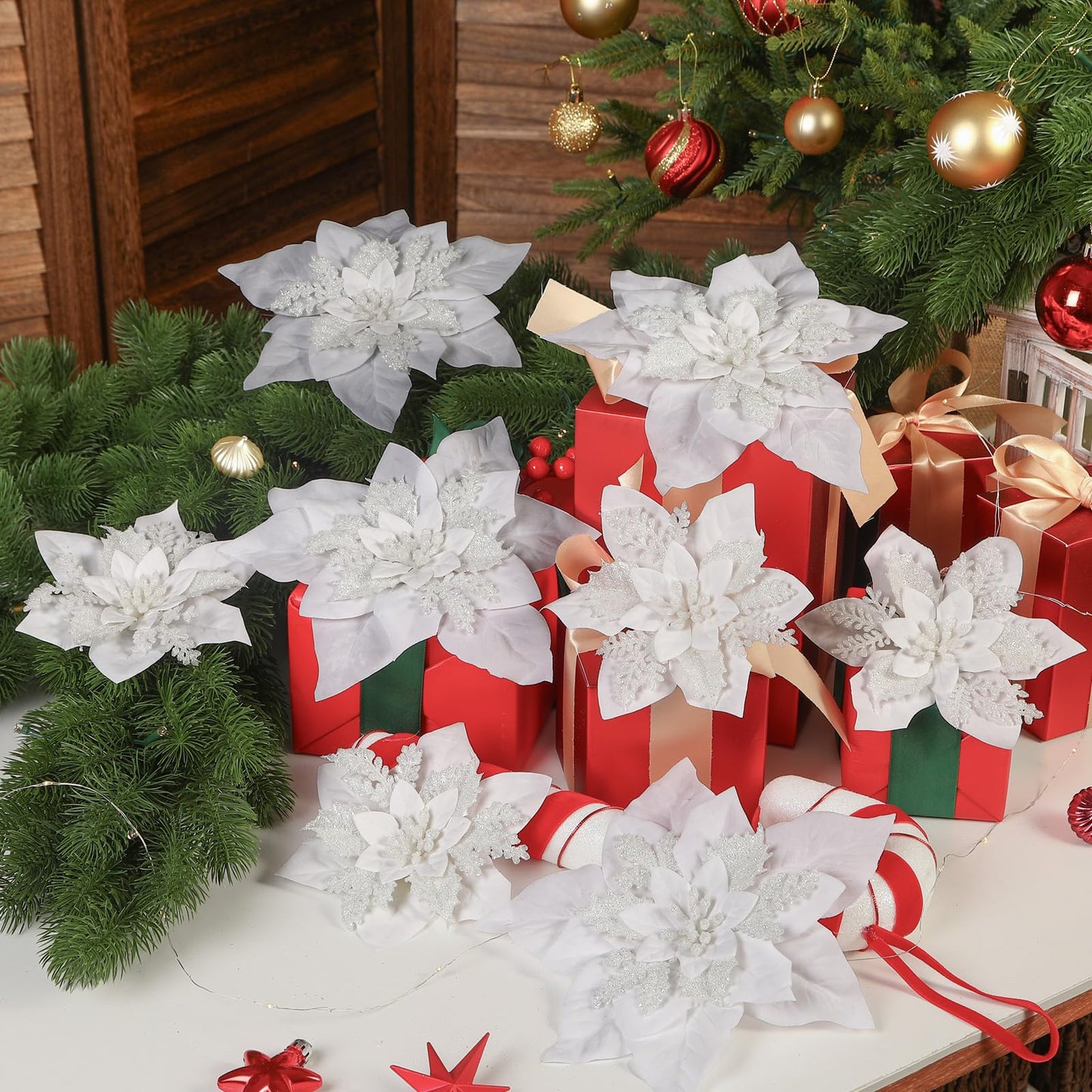 Alupssuc 24PCS 6"& 9" White Artificial Poinsettia Christmas Flowers, Faux Glitter Ornaments for Xmas Tree Wreath Garlands New Year Home Decor, White
