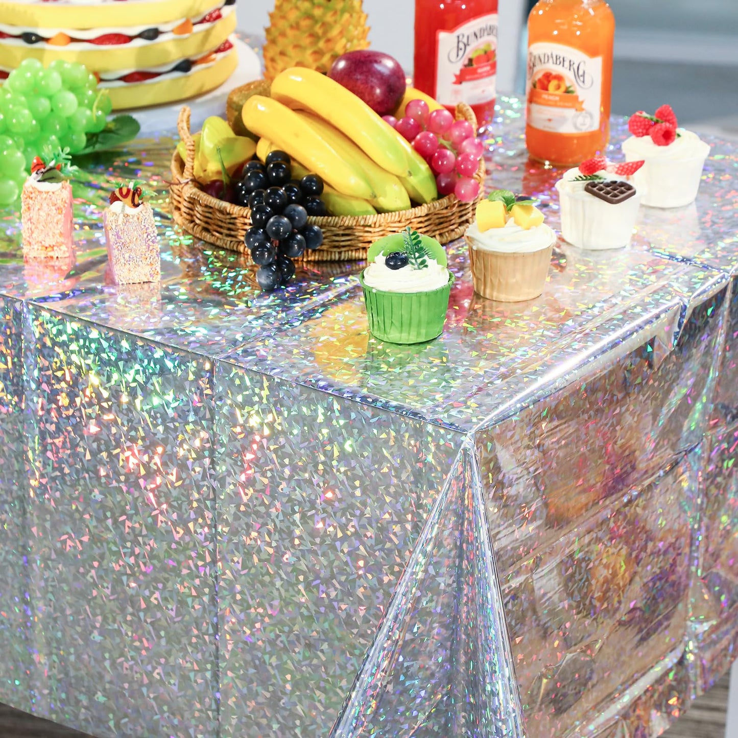 3 Pack New Iridescent Silver Tablecloth Party Decorations, Holographic Silver Glitter Plastic Tablecloth, Disposable Laser Rectangle Table Cover for Disco Birthday 70s Theme Party Decorations, 54x108"
