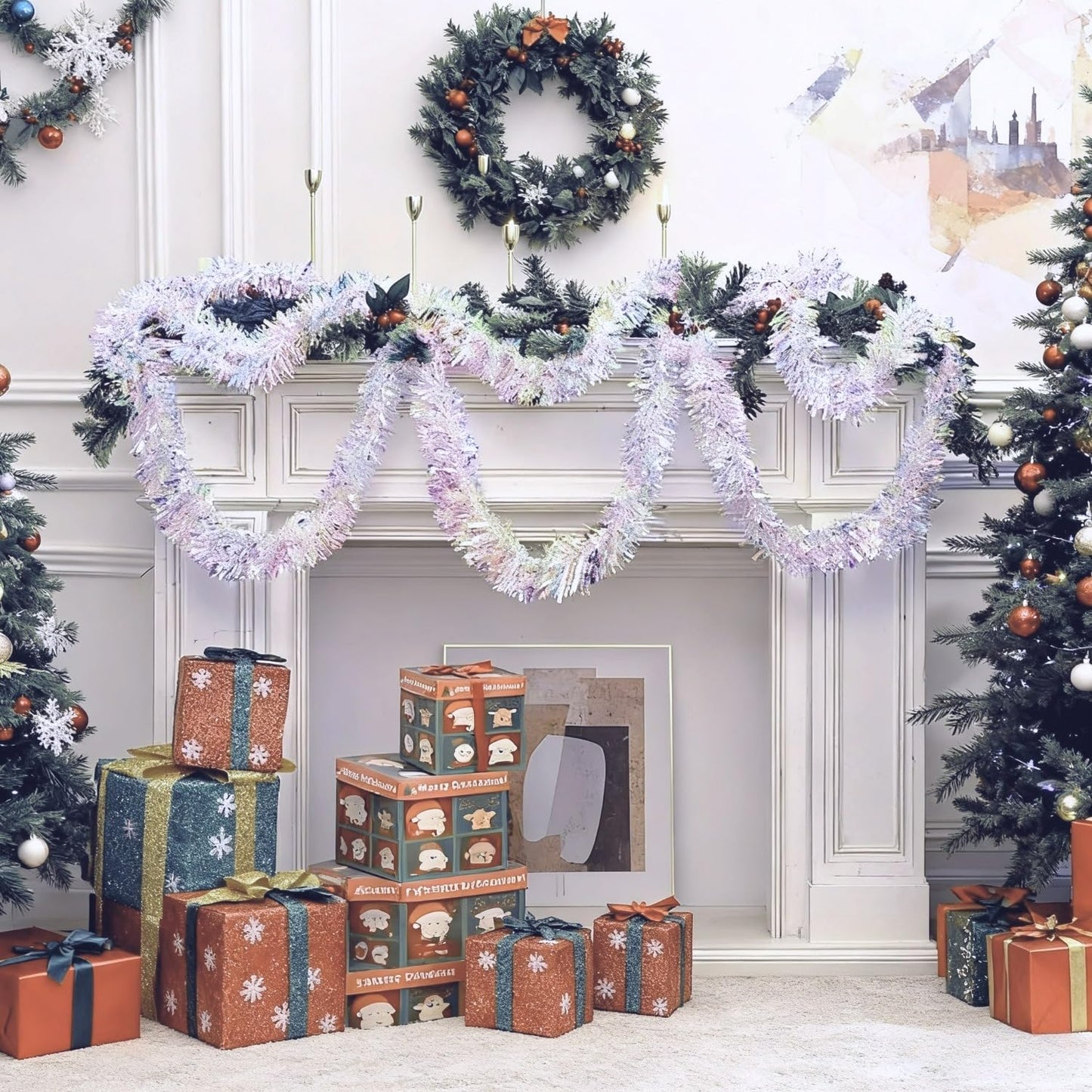 1Pc White lridescent Garland, Metallic Hanging Garland for Christmas Tree Wedding Anniversary Date, Perfect for Indoor Fireplace Home Decoration