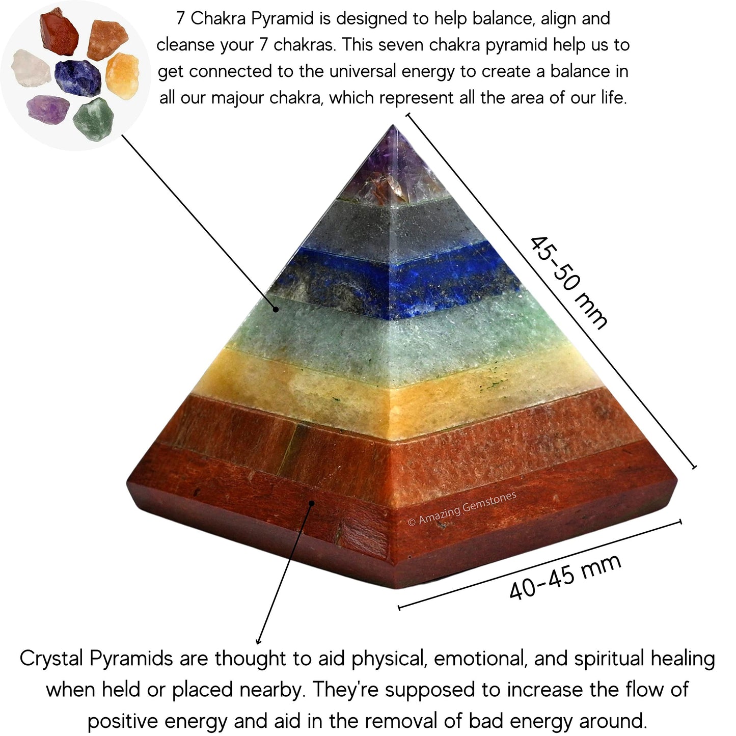 Amazing Gemstone Chakra Pyramid Crystal Healing Stones - 2" Great Pyramid Figurine of Natural Stone Pyramid for Meditation, Reiki, Chakra Balancing and Crystal Pyramids Grid