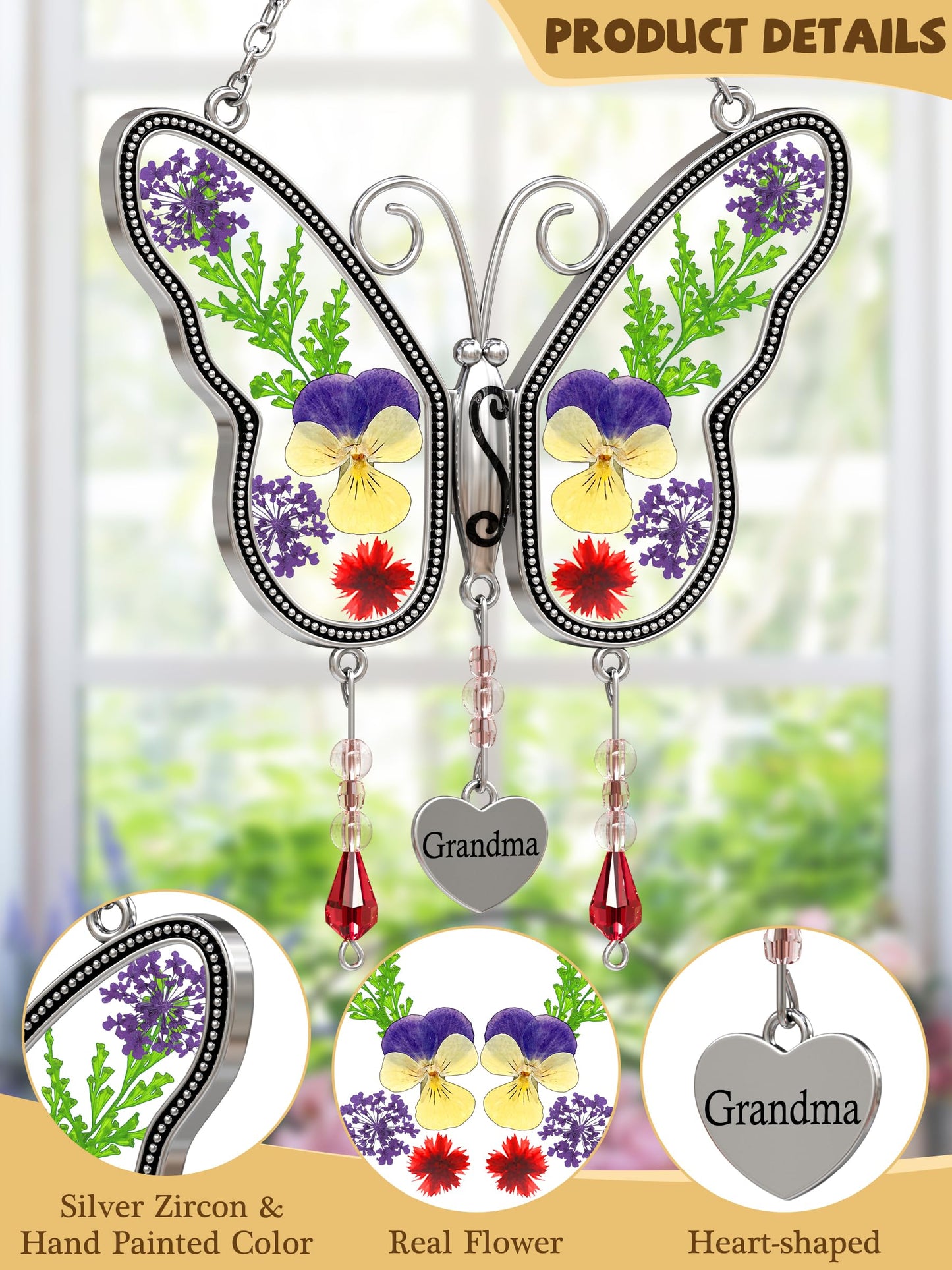 KUNDGLA Butterfly Suncatcher Grandma Stained Glass Sun Catcher for Windows Hangings Ornament with Pressed Real Flower Wings in Glass and Metal Heart Charm Birthday Gift for Women Mothers Day Christmas